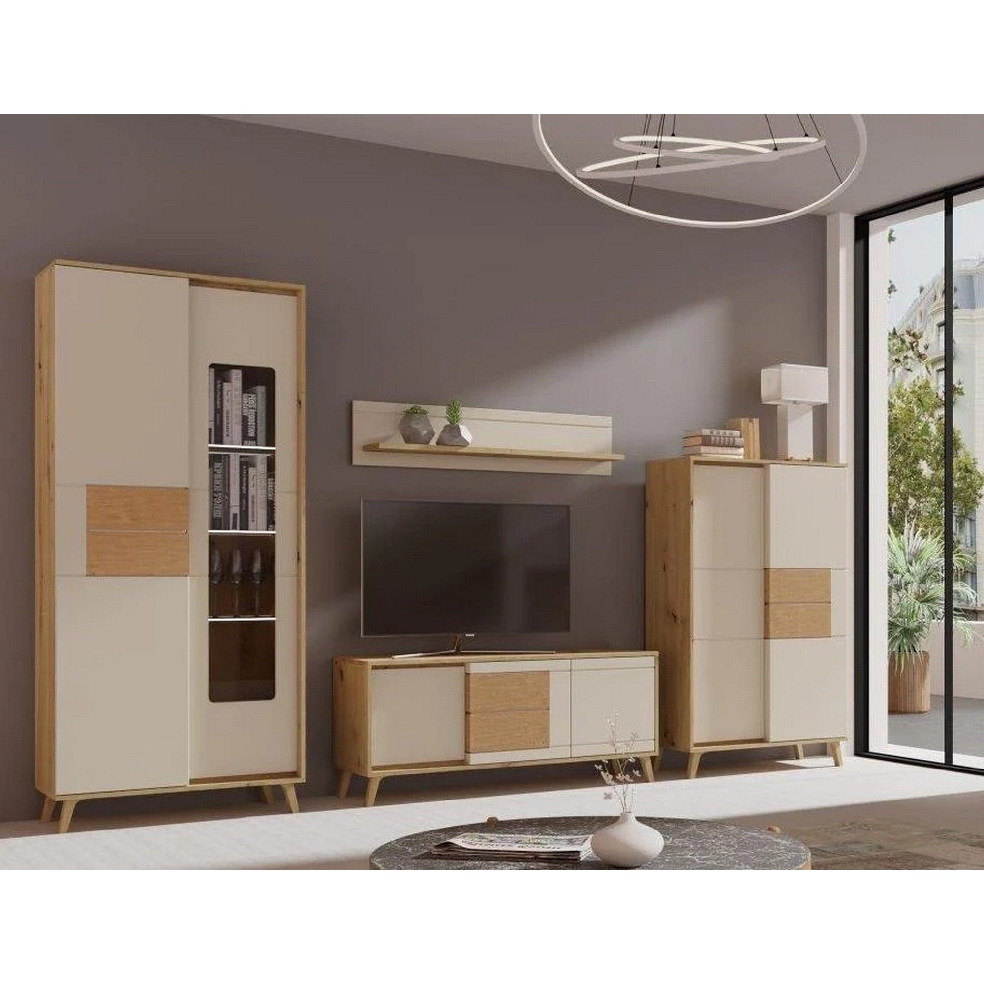 Mobilier living BRUNO A, casmir/stejar, PAL laminat/sticla, 4 piese, 304x41x193 cm