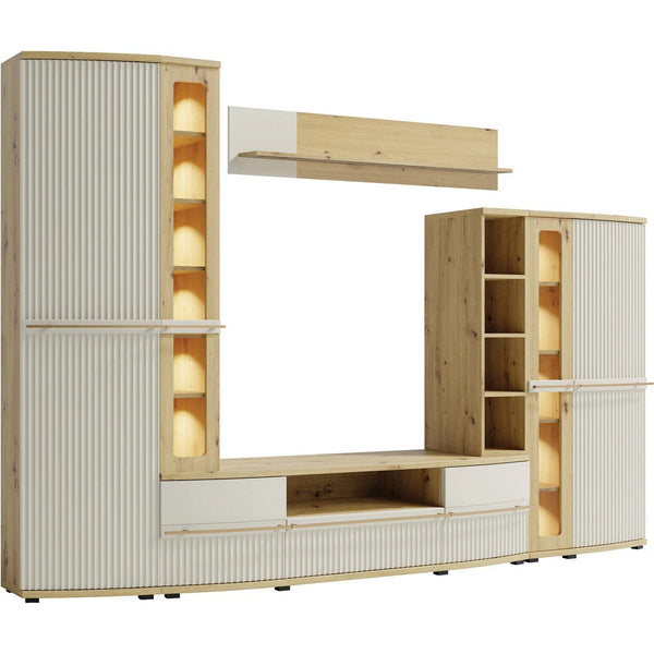 Mobilier living CANDY1 A, casmir/stejar artisan, PAL/sticla, cu iluminare LED, 6 piese, 299x43x199 cm