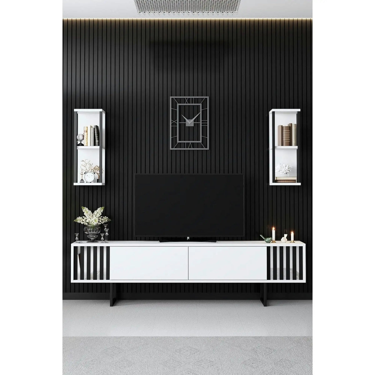 Mobilier living CHROME LINE, alb/negru, PAL melaminat/metal, 3 piese