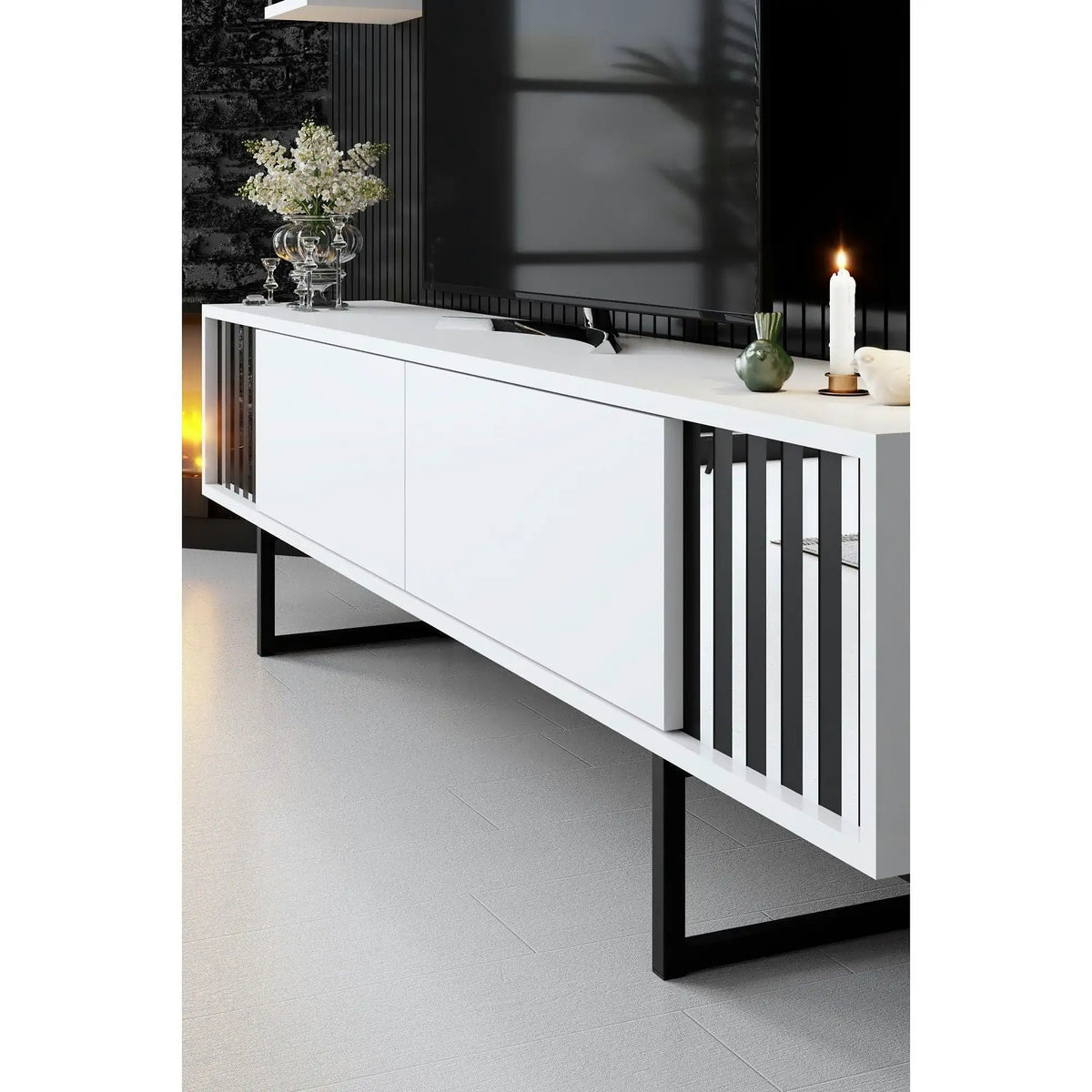Mobilier living CHROME LINE, alb/negru, PAL melaminat/metal, 3 piese