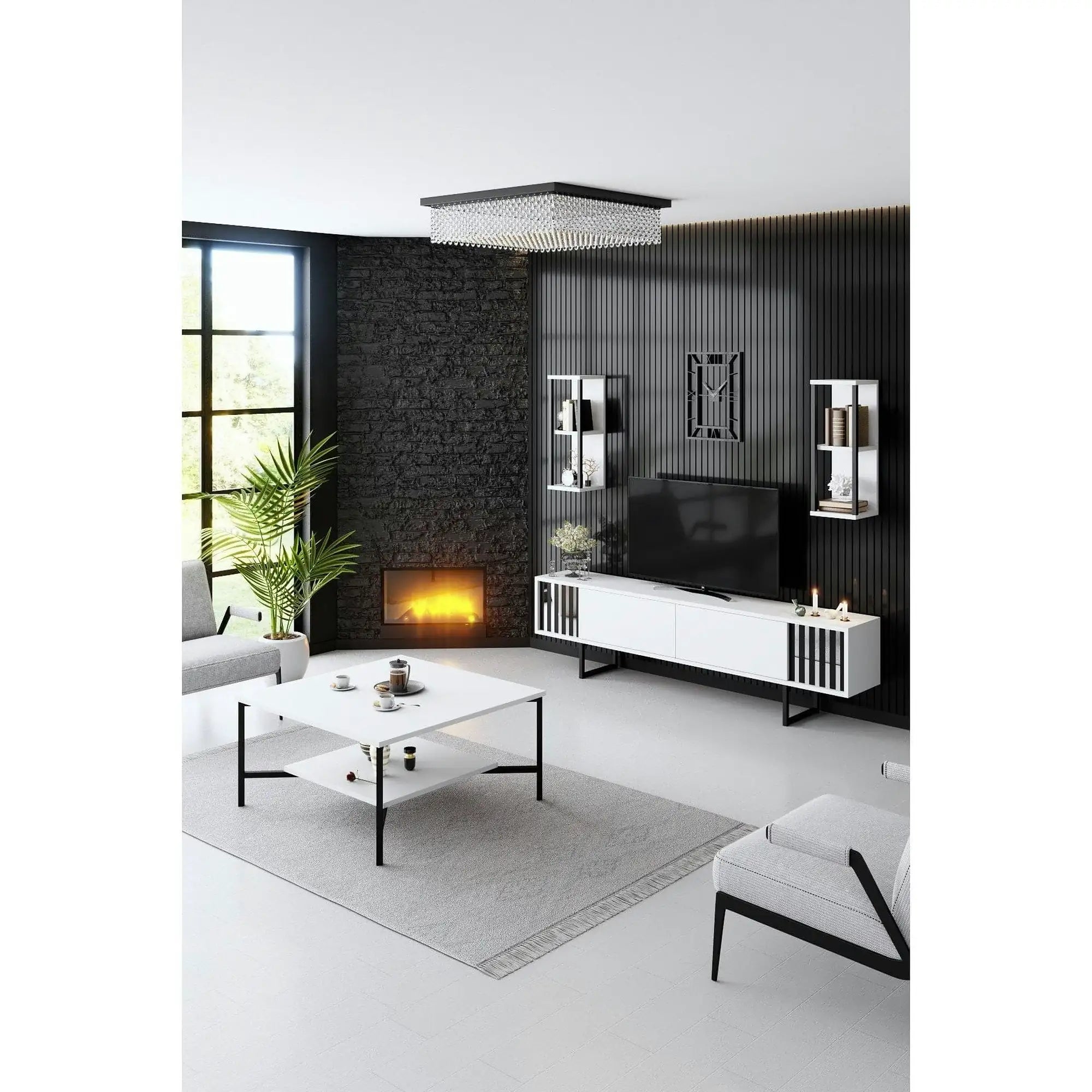 Mobilier living CHROME LINE, alb/negru, PAL melaminat/metal, 4 piese