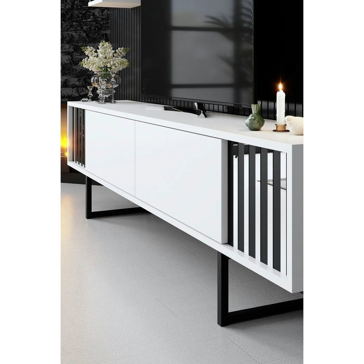 Mobilier living CHROME LINE, alb/negru, PAL melaminat/metal, 4 piese