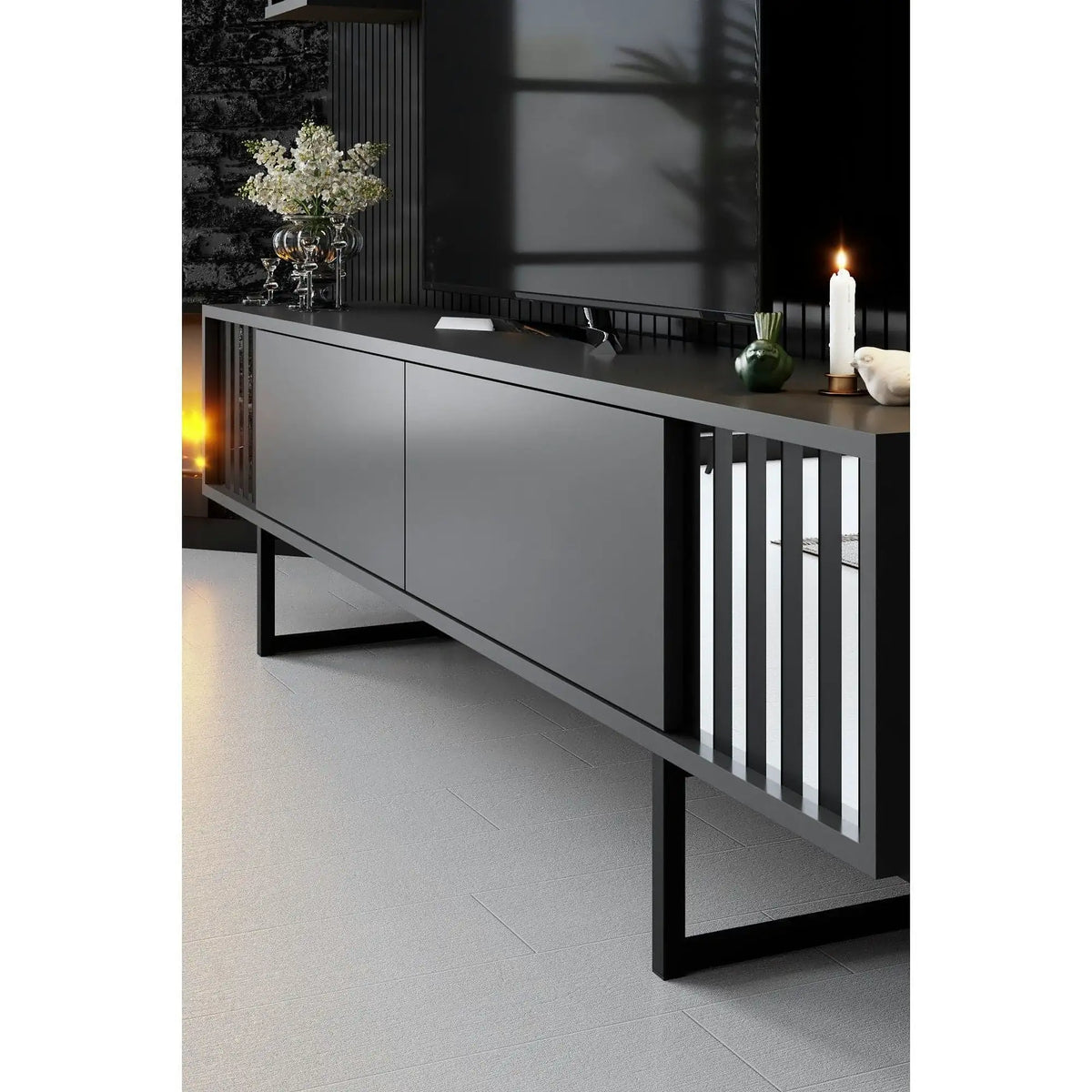 Mobilier living CHROME LINE, gri/negru, PAL melaminat/metal, 3 piese