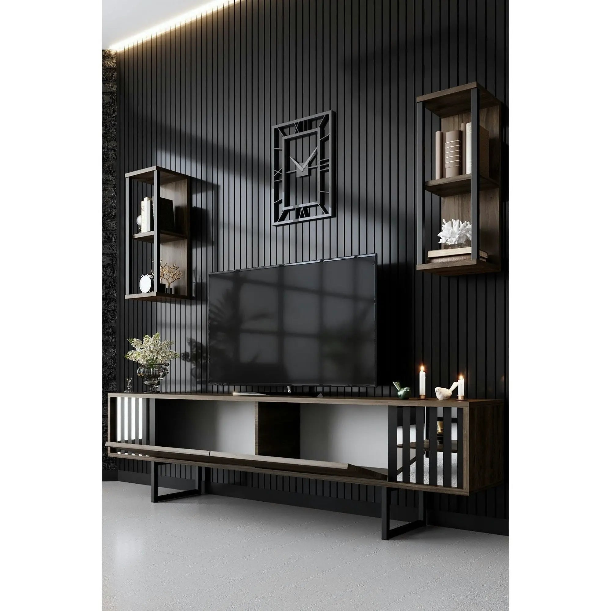 Mobilier living CHROME LINE, nuc/negru, PAL melaminat/metal, 3 piese
