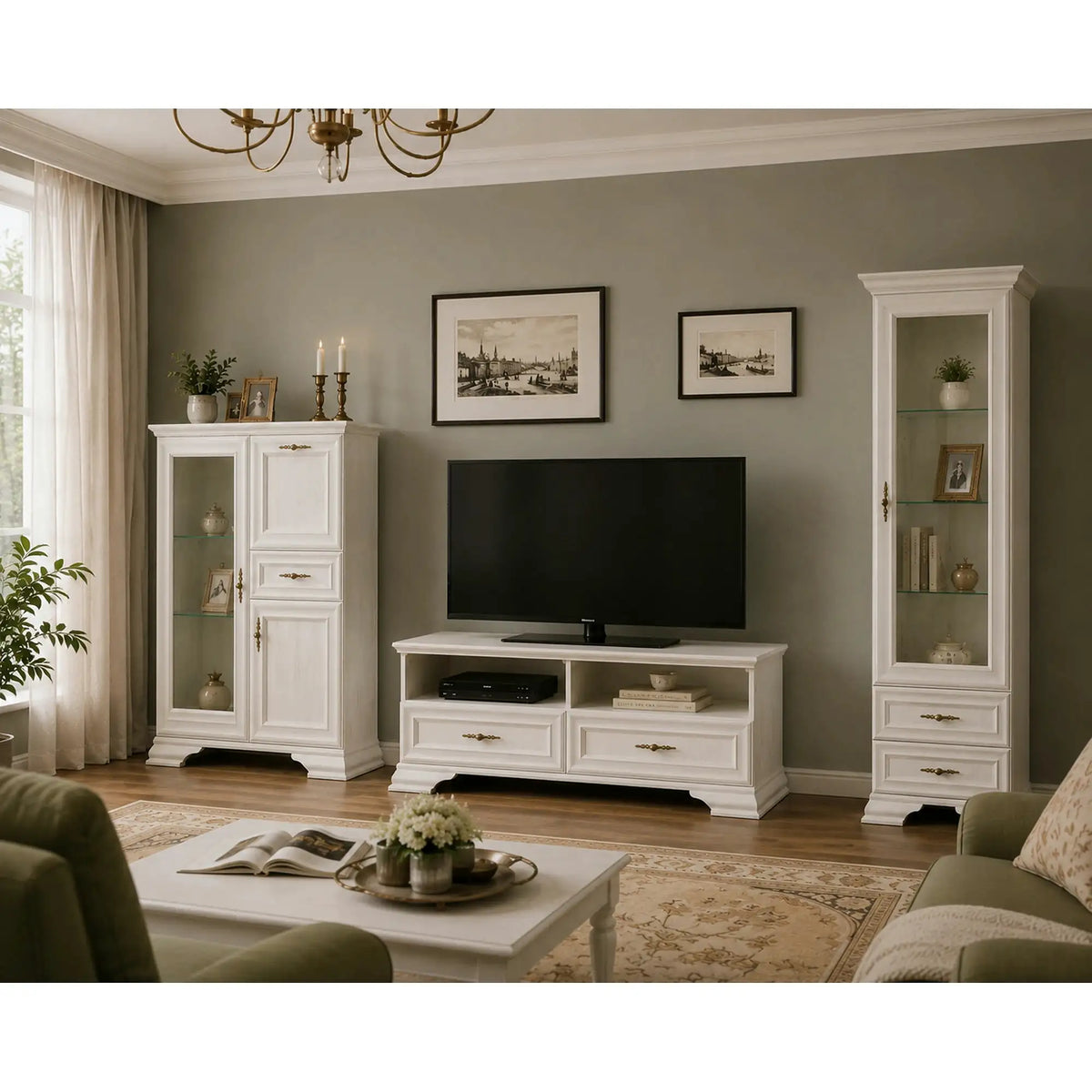 Mobilier living clasic IRYS, pin alb anderson, PAL laminat, 3 piese