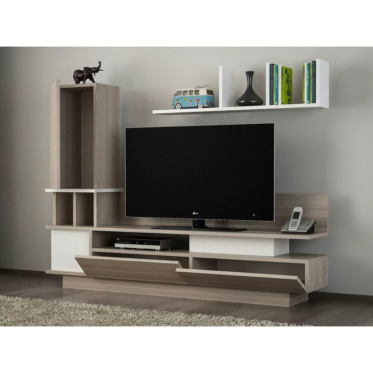 Mobilier living COMO, alb/stejar, PAL melaminat, 4 piese, 149x32x171 cm