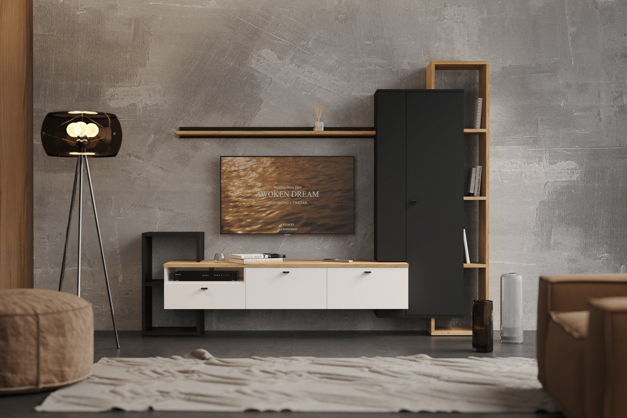 Mobilier living DEONIS, stejar/negru/alb, PAL, 241x46x191 cm