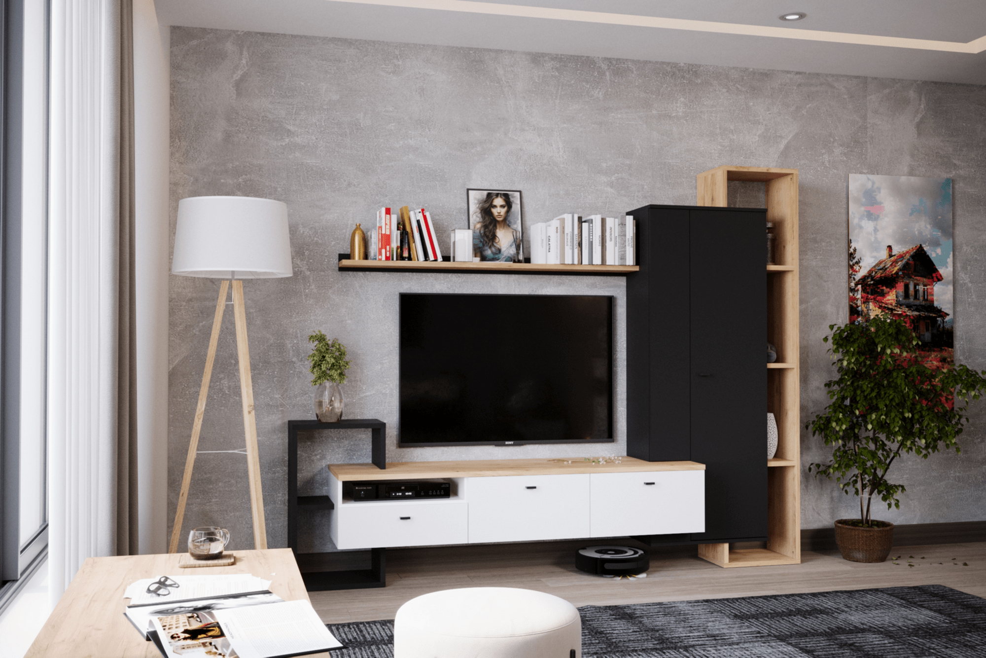 Mobilier living DEONIS, stejar/negru/alb, PAL, 241x46x191 cm