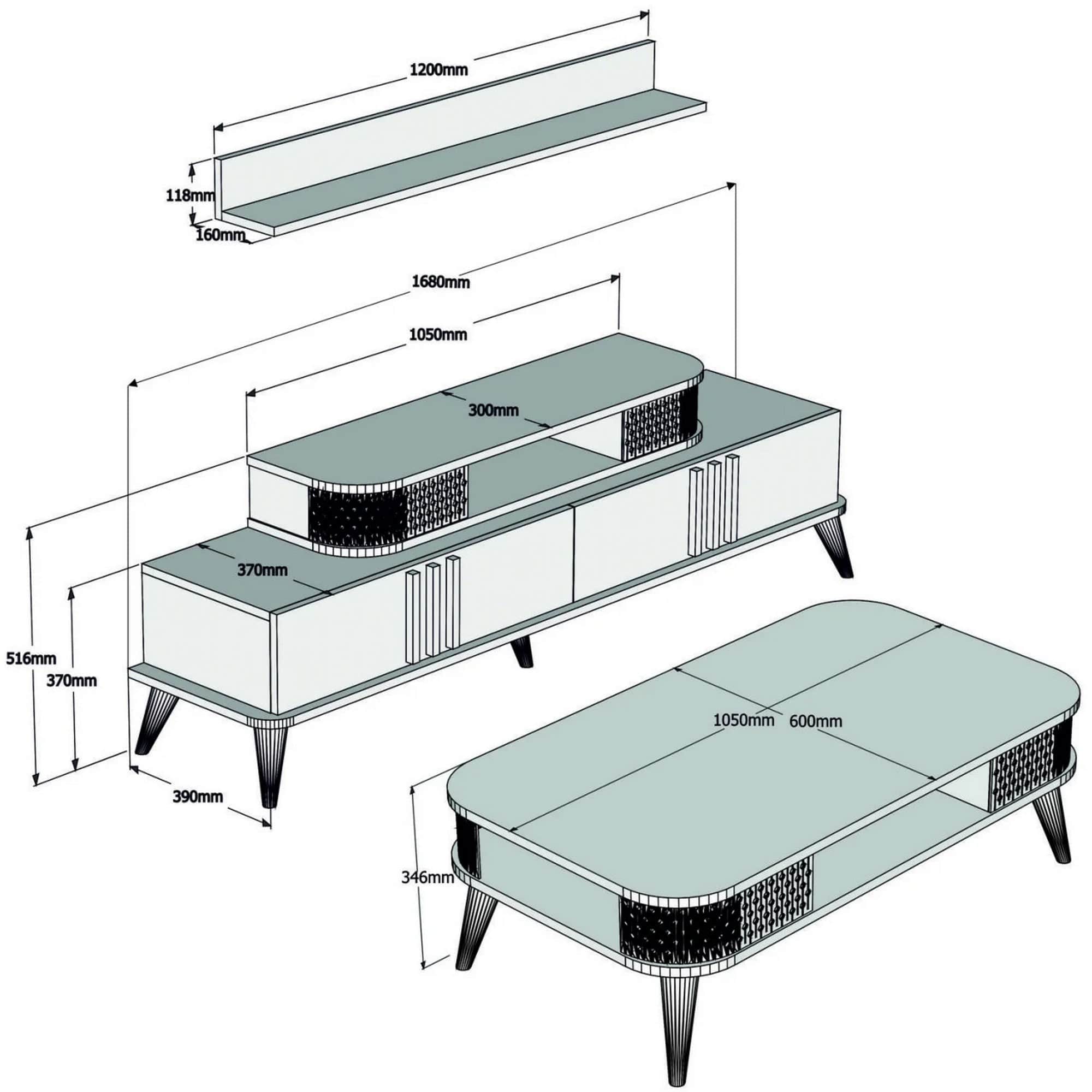Mobilier living EYLUL, crem/stejar, PAL melaminat, 4 piese