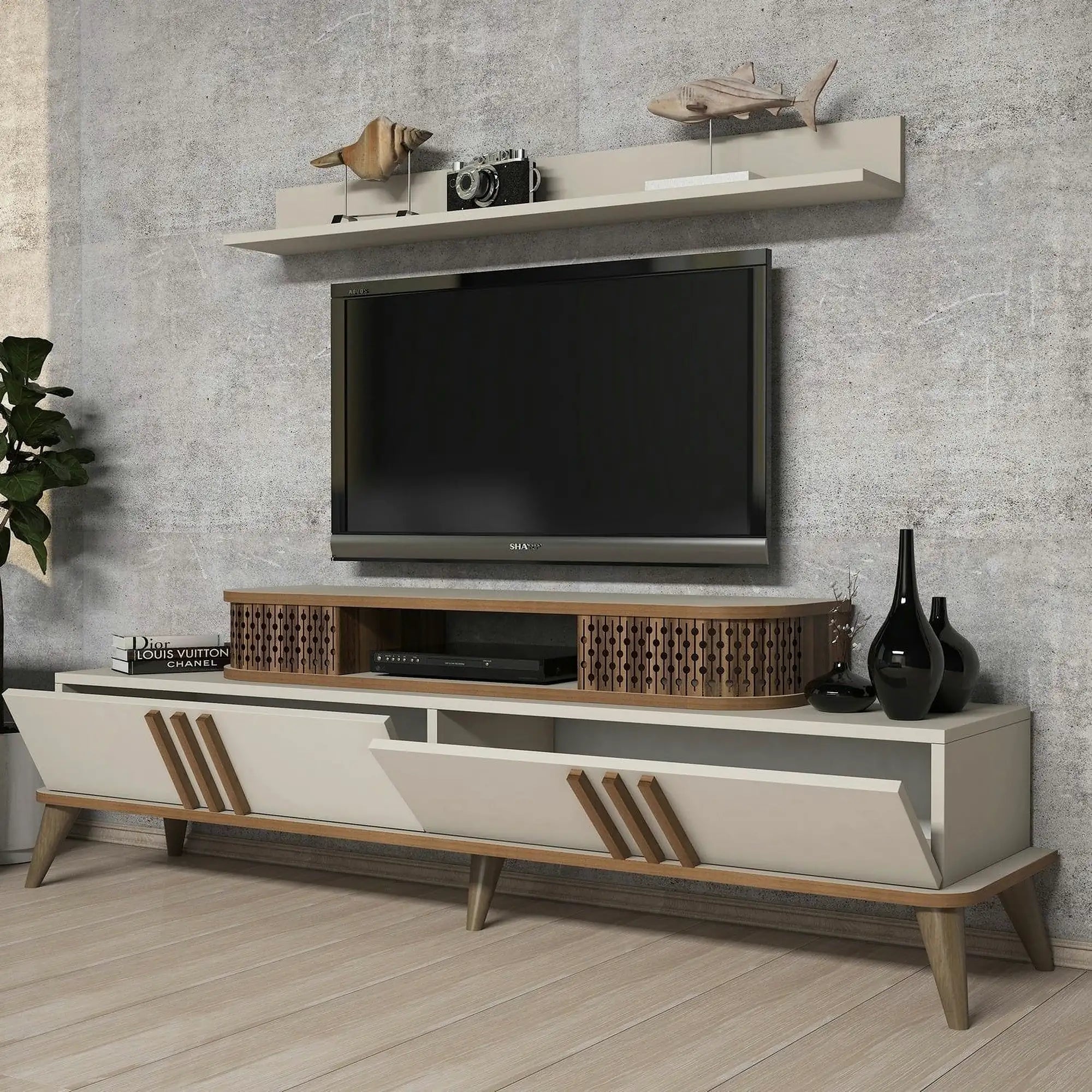 Mobilier living EYLUL, crem/stejar, PAL melaminat, 4 piese