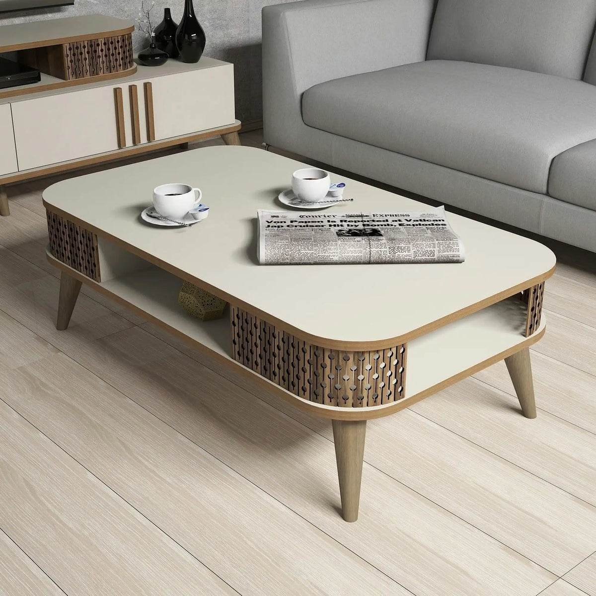 Mobilier living EYLUL, crem/stejar, PAL melaminat, 4 piese