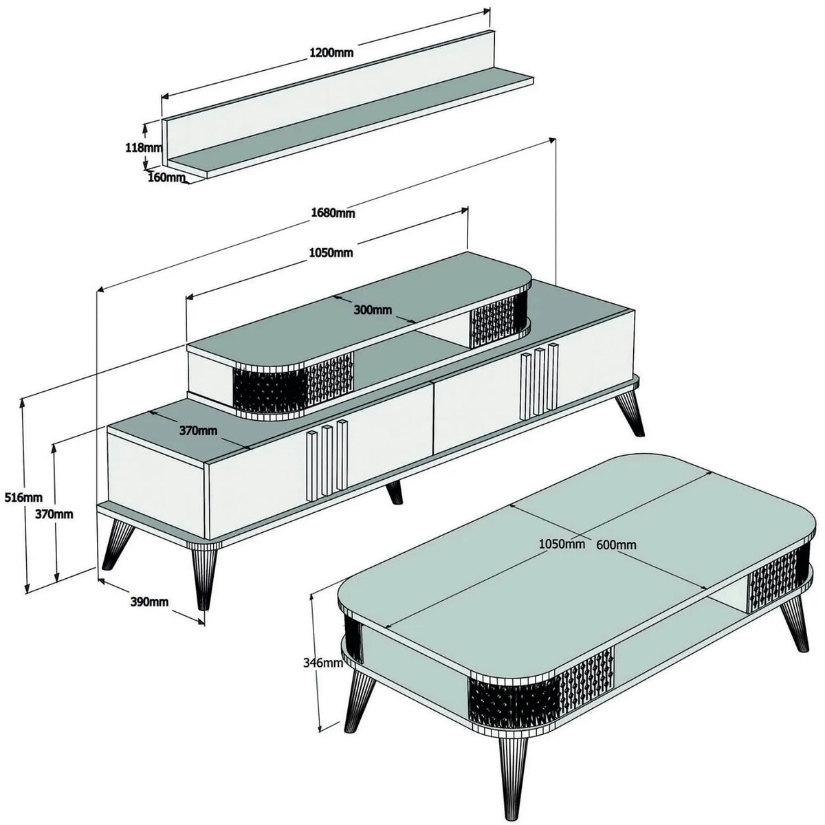Mobilier living EYLUL, crem/stejar, PAL melaminat, 4 piese