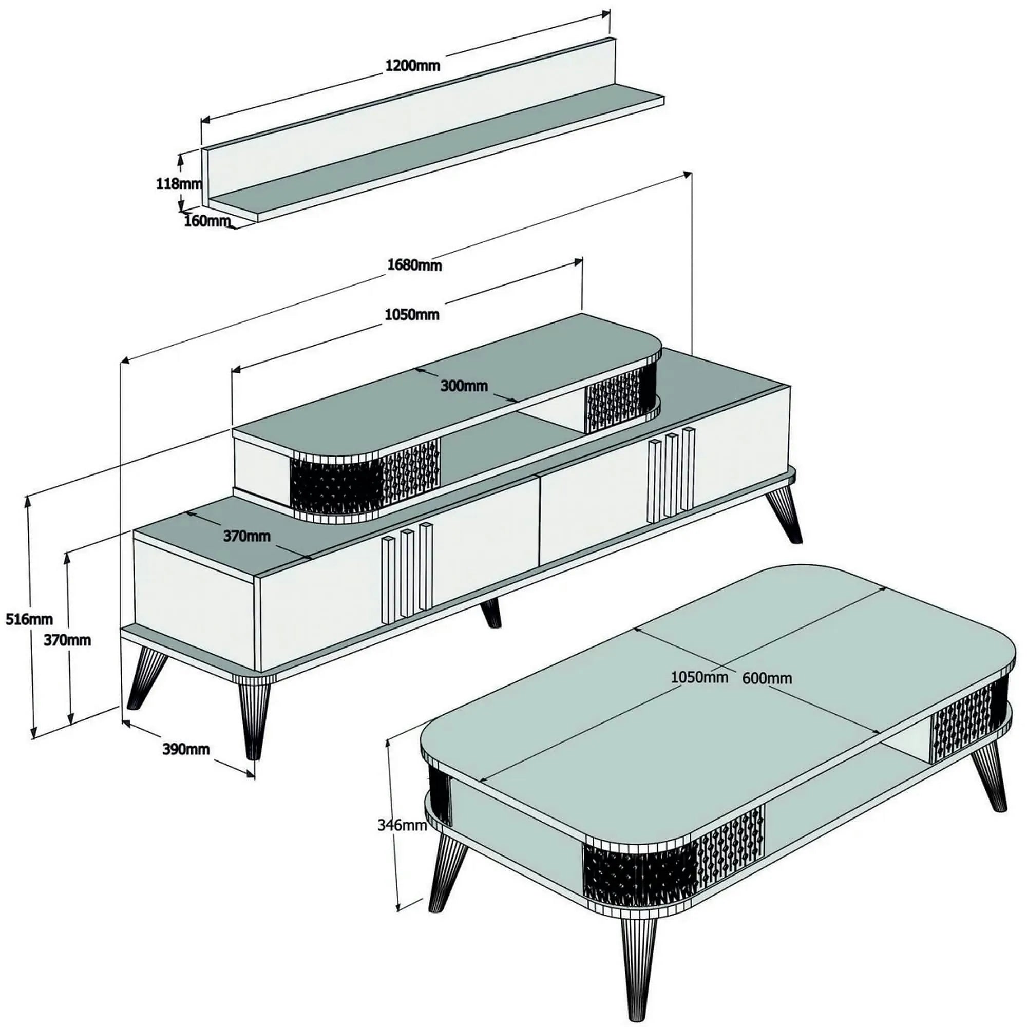 Mobilier living EYLUL, crem/stejar, PAL melaminat, 4 piese