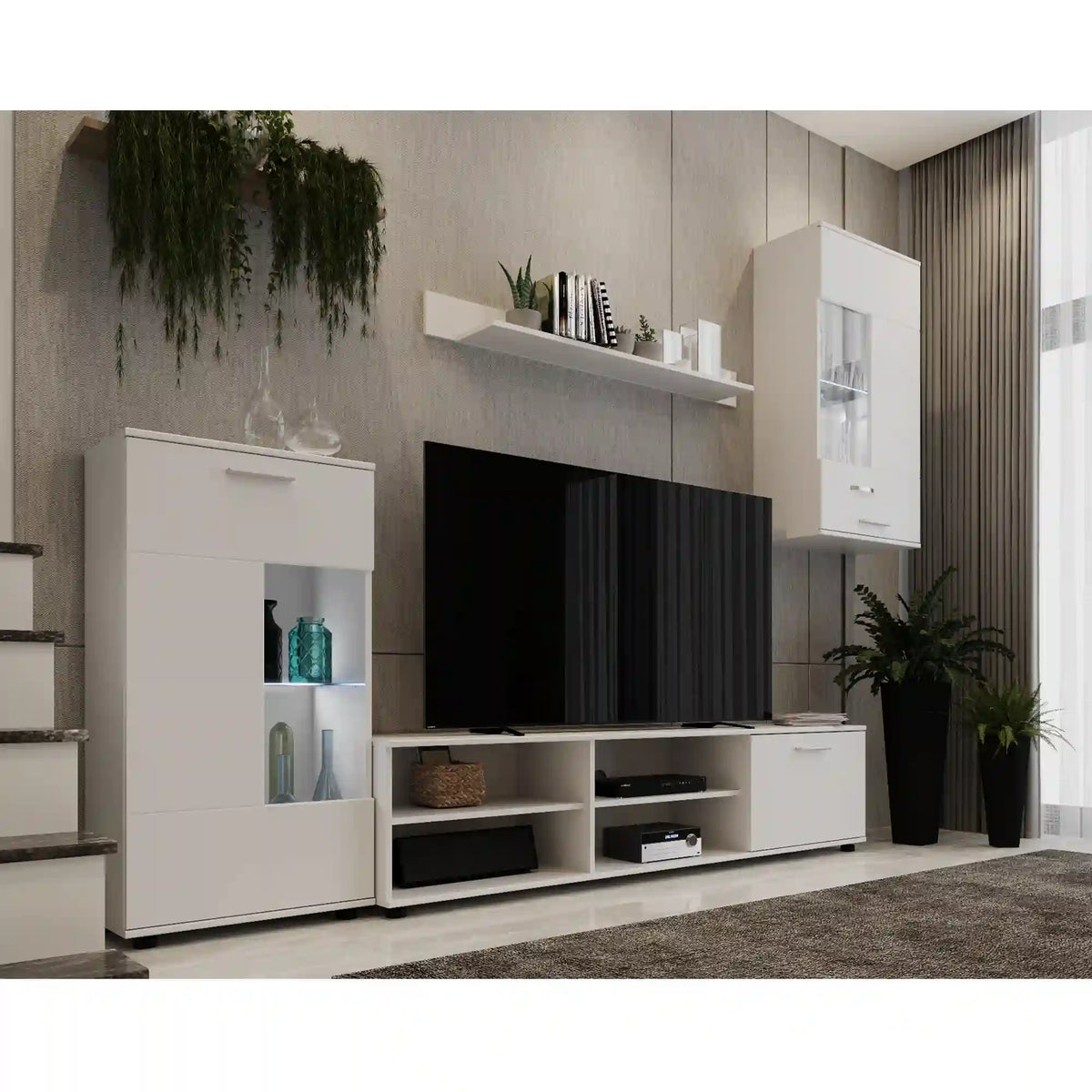 Mobilier living FRONTAL 1 NEW, alb, DTD/sticla, cu iluminare LED, 4 piese, 230x39x190 cm