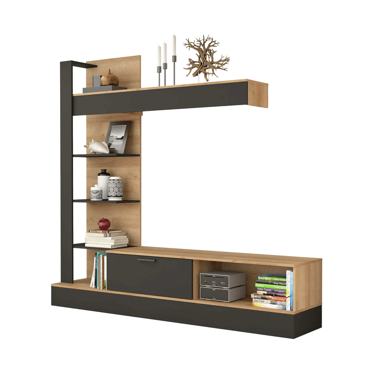 Mobilier living GELUZA, stejar riviera/negru, PAL melaminat, 3 piese, 205x42x192 cm