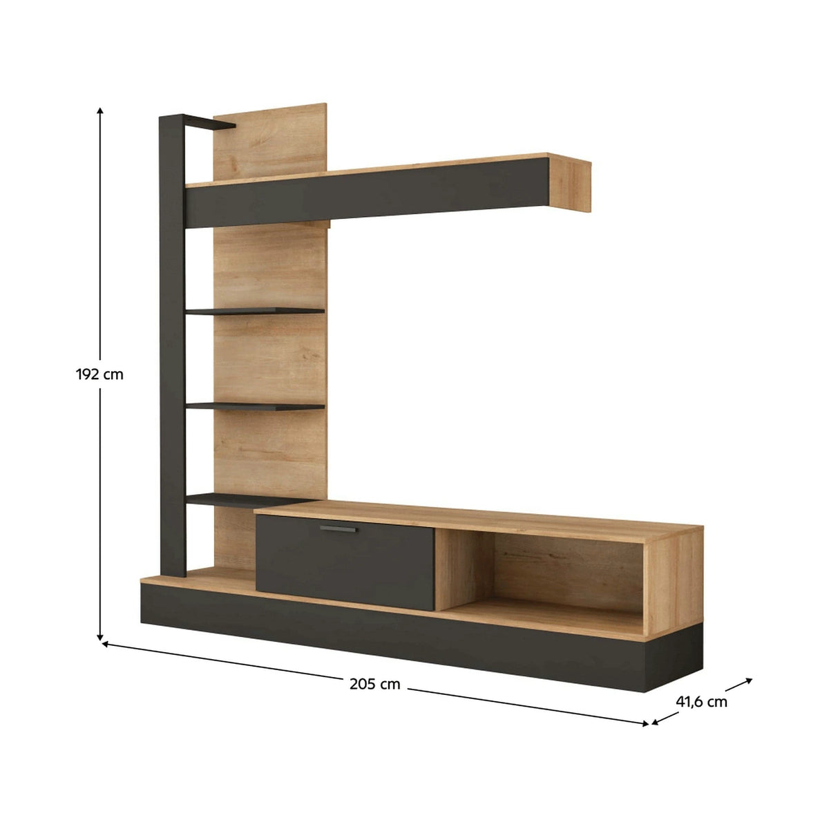 Mobilier living GELUZA, stejar riviera/negru, PAL melaminat, 3 piese, 205x42x192 cm