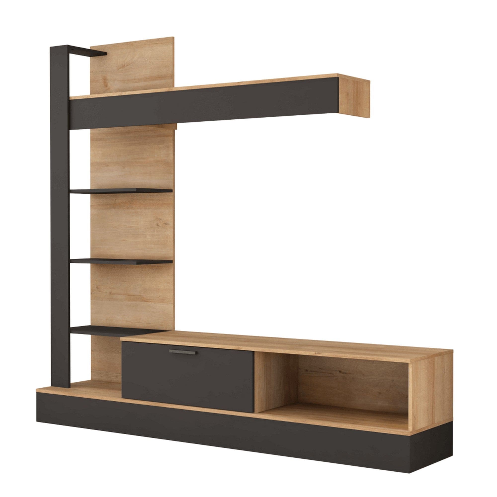 Mobilier living GELUZA, stejar riviera/negru, PAL melaminat, 3 piese, 205x42x192 cm