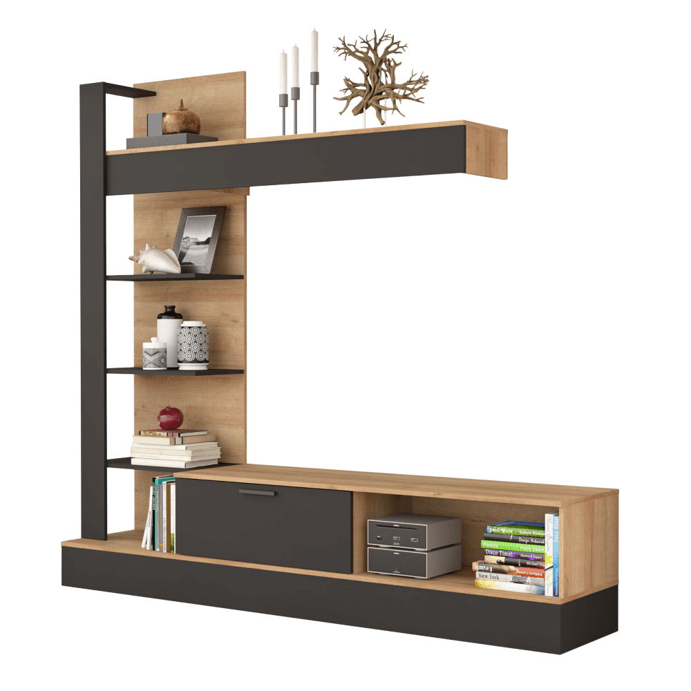 Mobilier living GELUZA, stejar riviera/negru, PAL melaminat, 3 piese, 205x42x192 cm