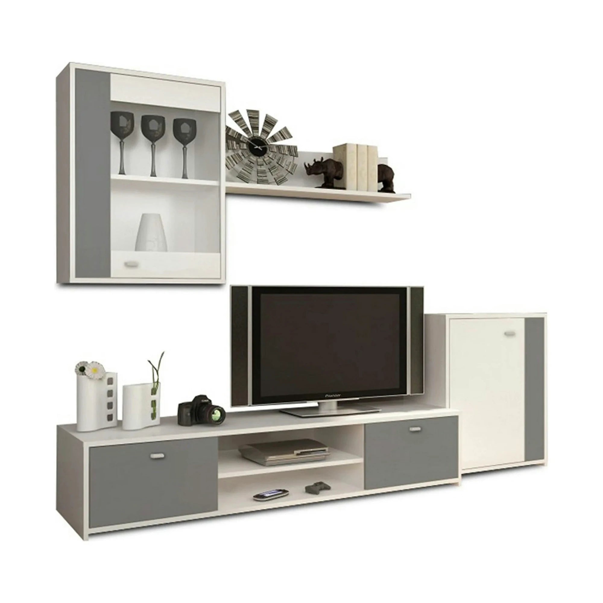 Mobilier living GENTA, PAL melaminat, alb/gri, 4 piese, 210x42x180 cm