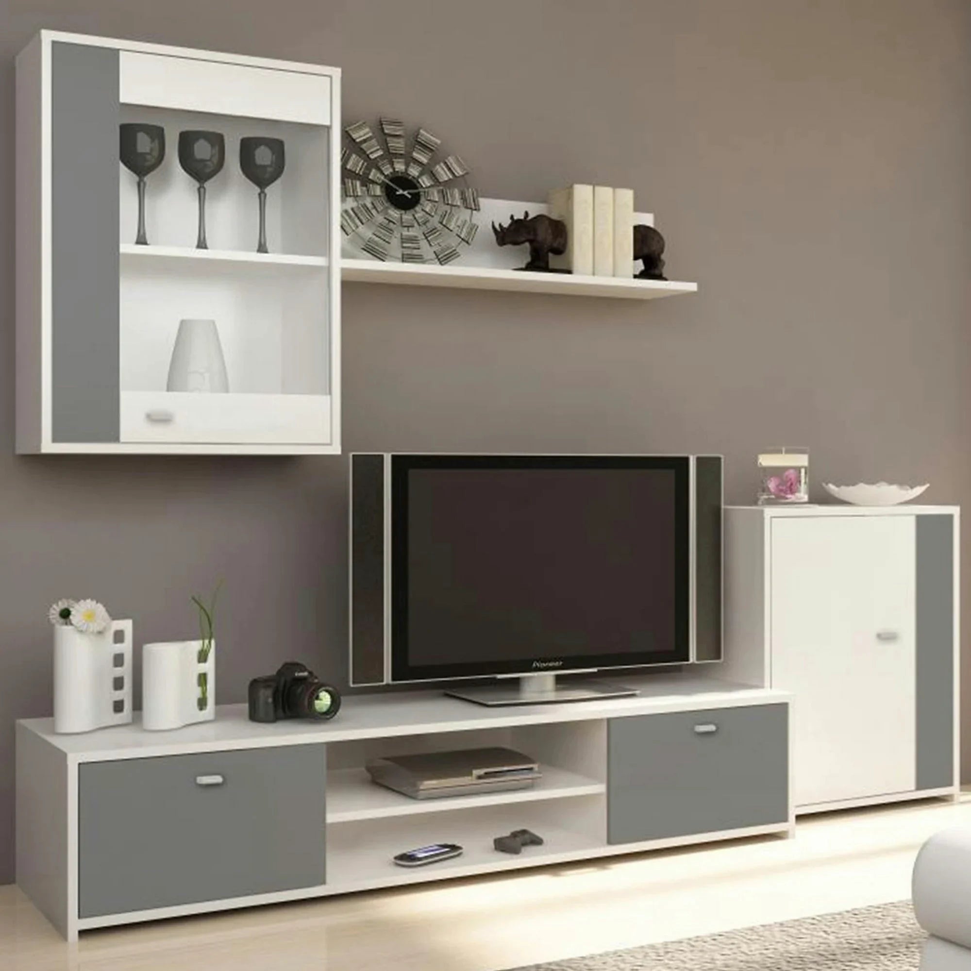 Mobilier living GENTA, PAL melaminat, alb/gri, 4 piese, 210x42x180 cm