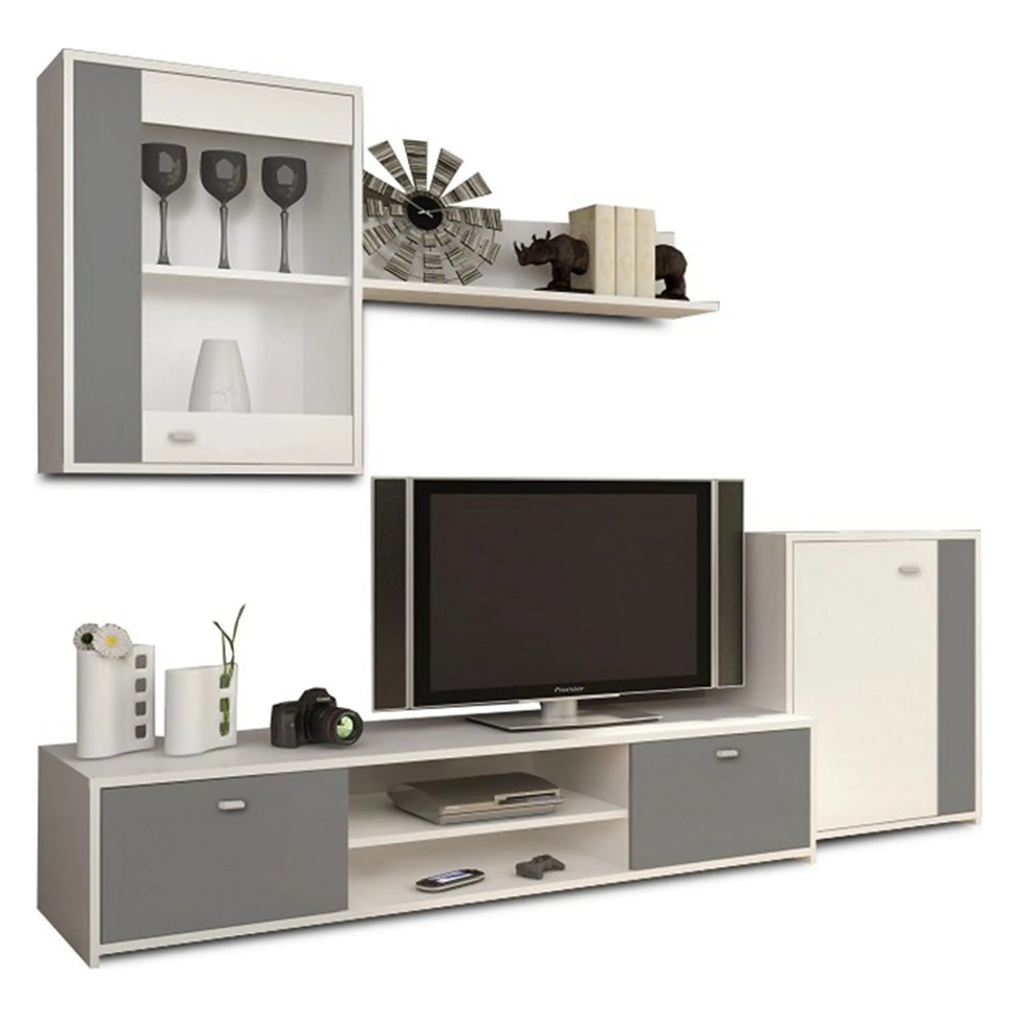 Mobilier living GENTA, PAL melaminat, alb/gri, 4 piese, 210x42x180 cm