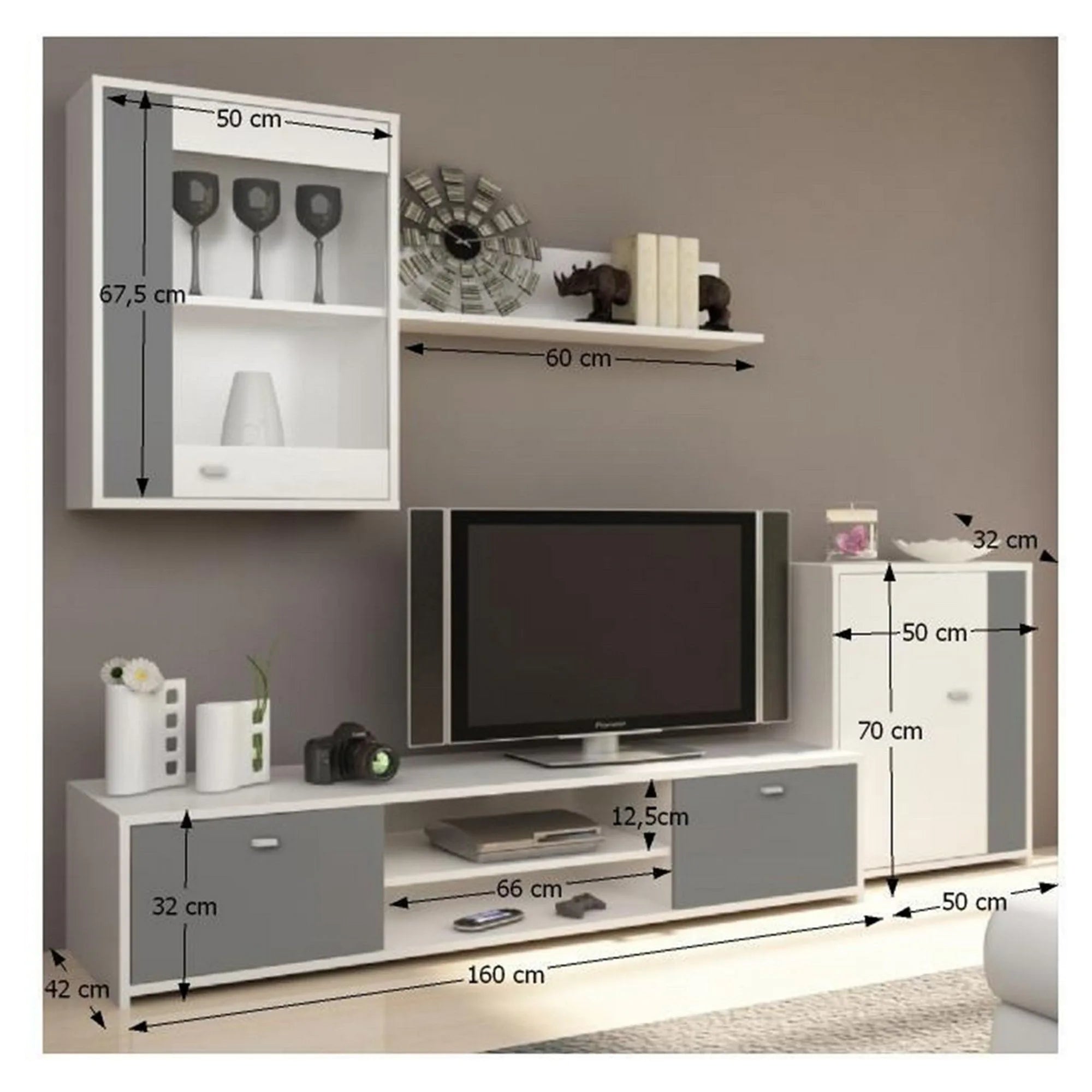 Mobilier living GENTA, PAL melaminat, alb/gri, 4 piese, 210x42x180 cm