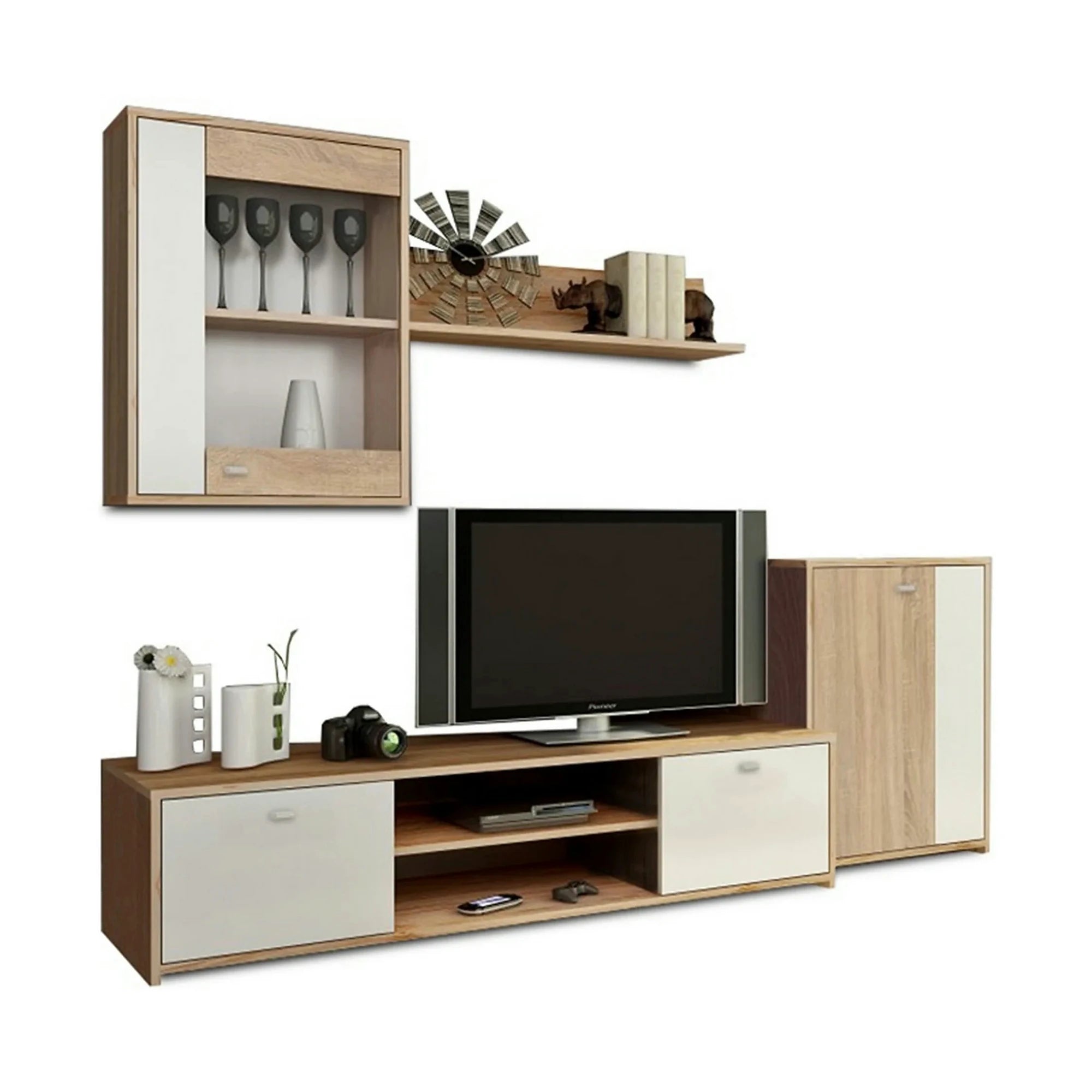 Mobilier living GENTA, stejar sonoma/alb, PAL melaminat, 4 piese, 210x42x180 cm