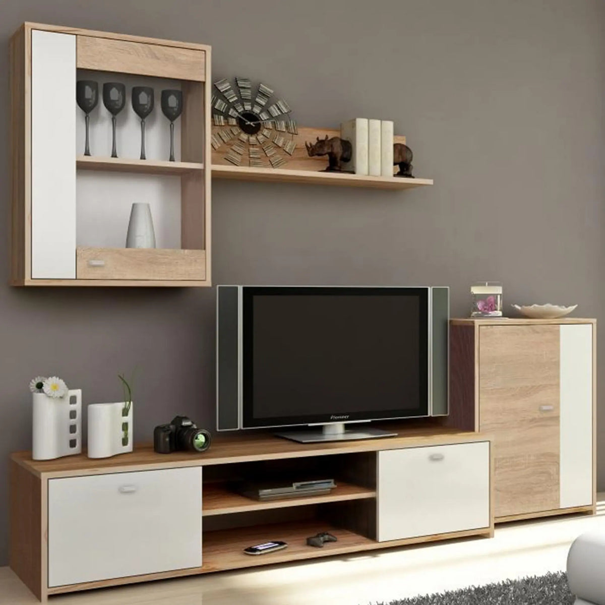 Mobilier living GENTA, stejar sonoma/alb, PAL melaminat, 4 piese, 210x42x180 cm