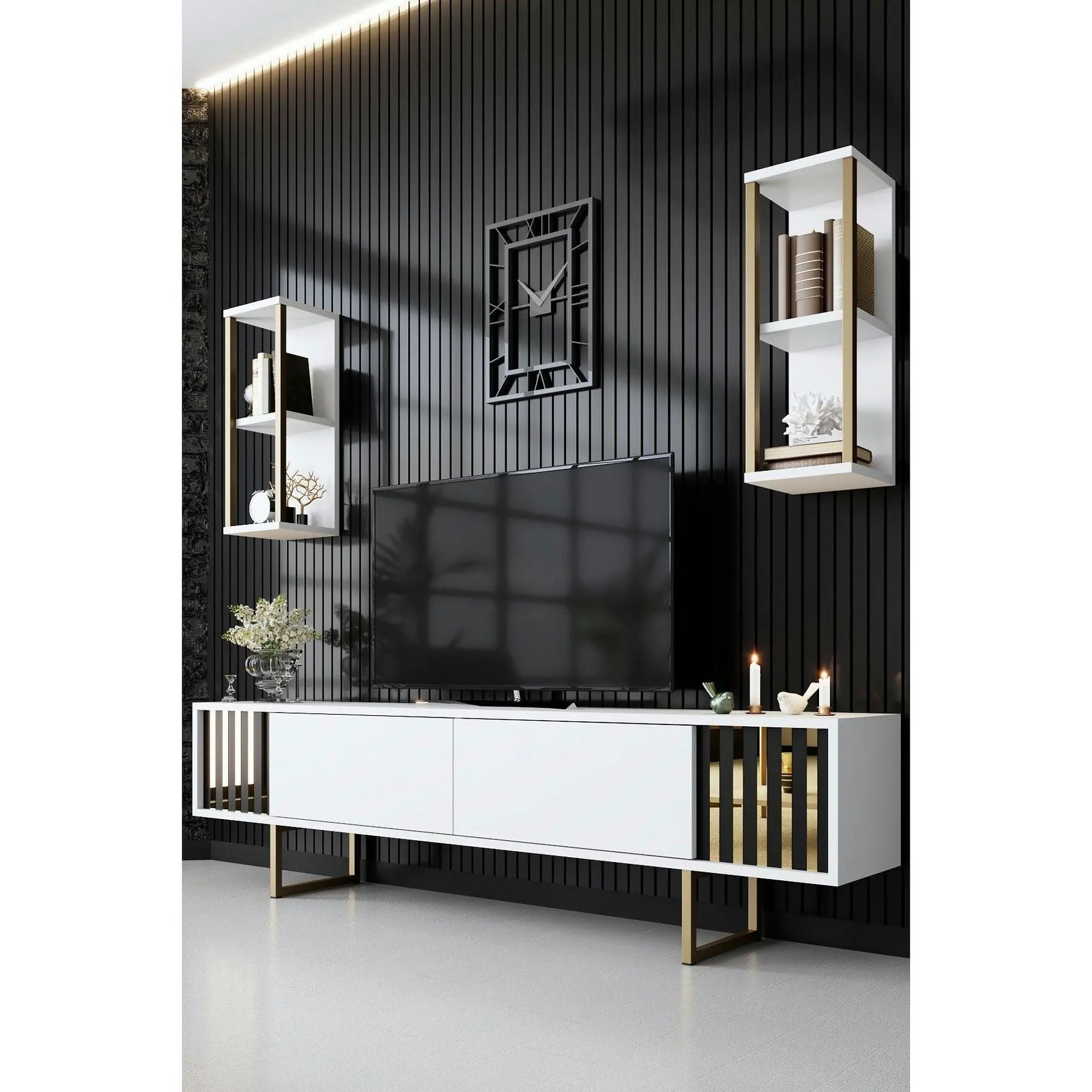 Mobilier living GOLD LINE, alb/auriu, PAL melaminat/metal, 3 piese