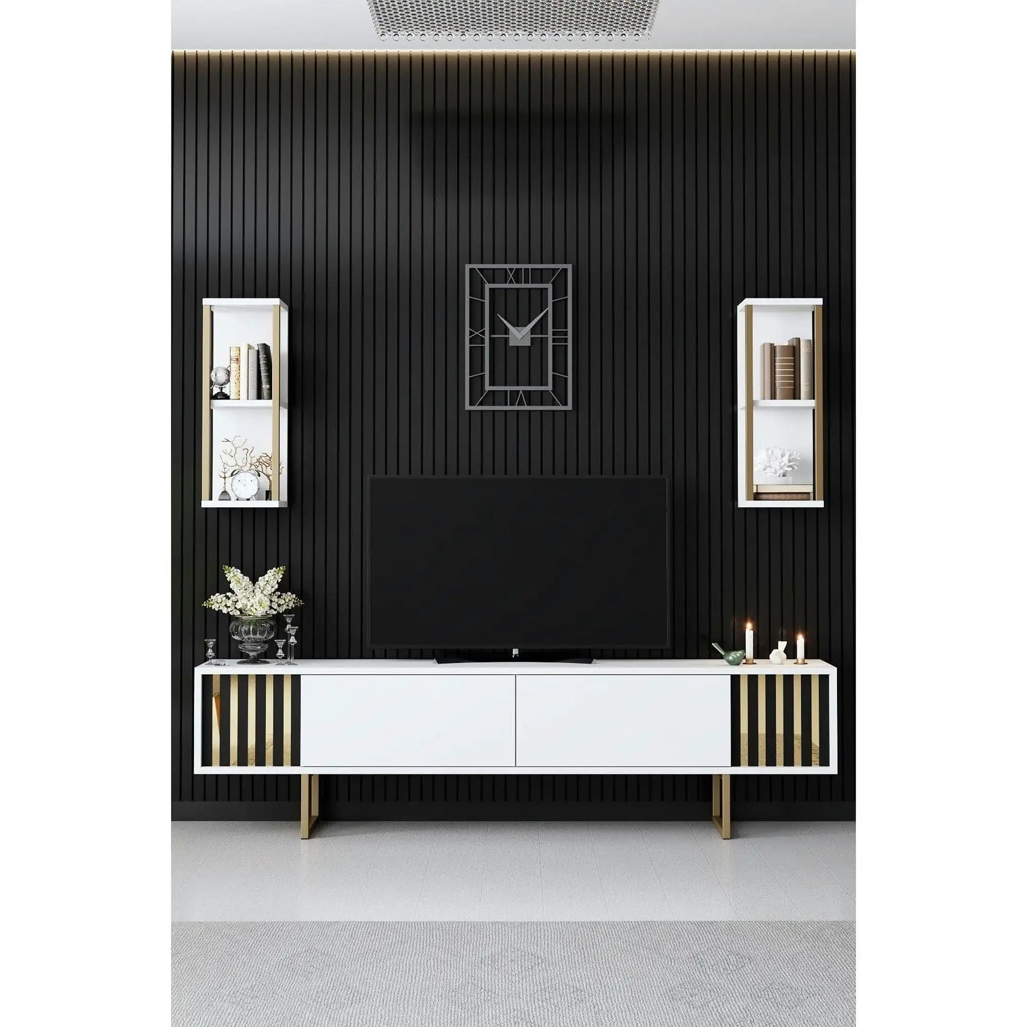 Mobilier living GOLD LINE, alb/auriu, PAL melaminat/metal, 4 piese