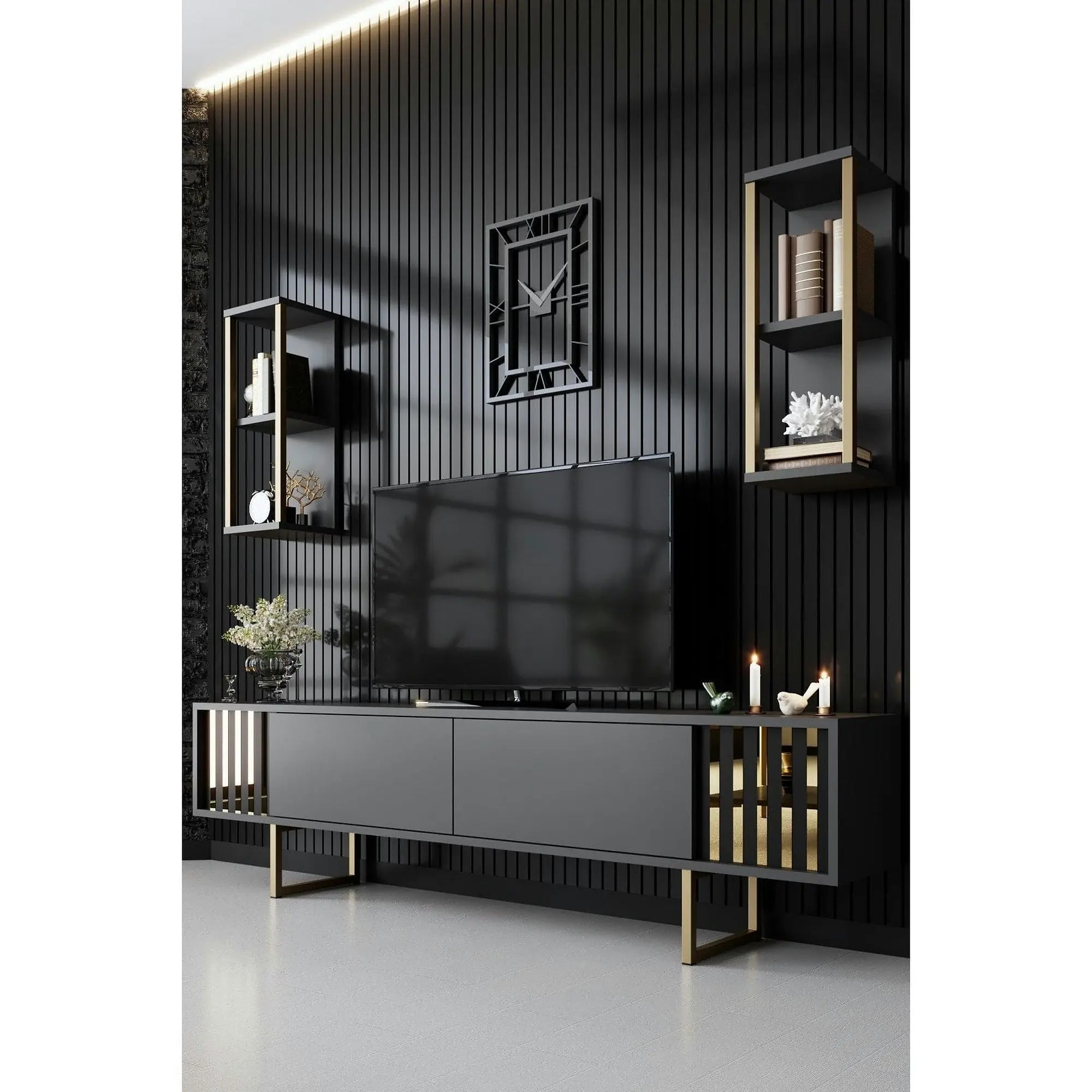 Mobilier living GOLD LINE, gri antracit/auriu, PAL melaminat/metal, 3 piese