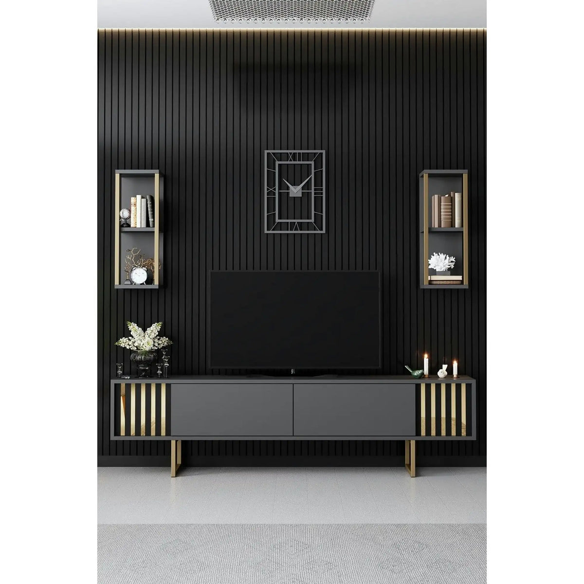Mobilier living GOLD LINE, gri antracit/auriu, PAL melaminat/metal, 3 piese