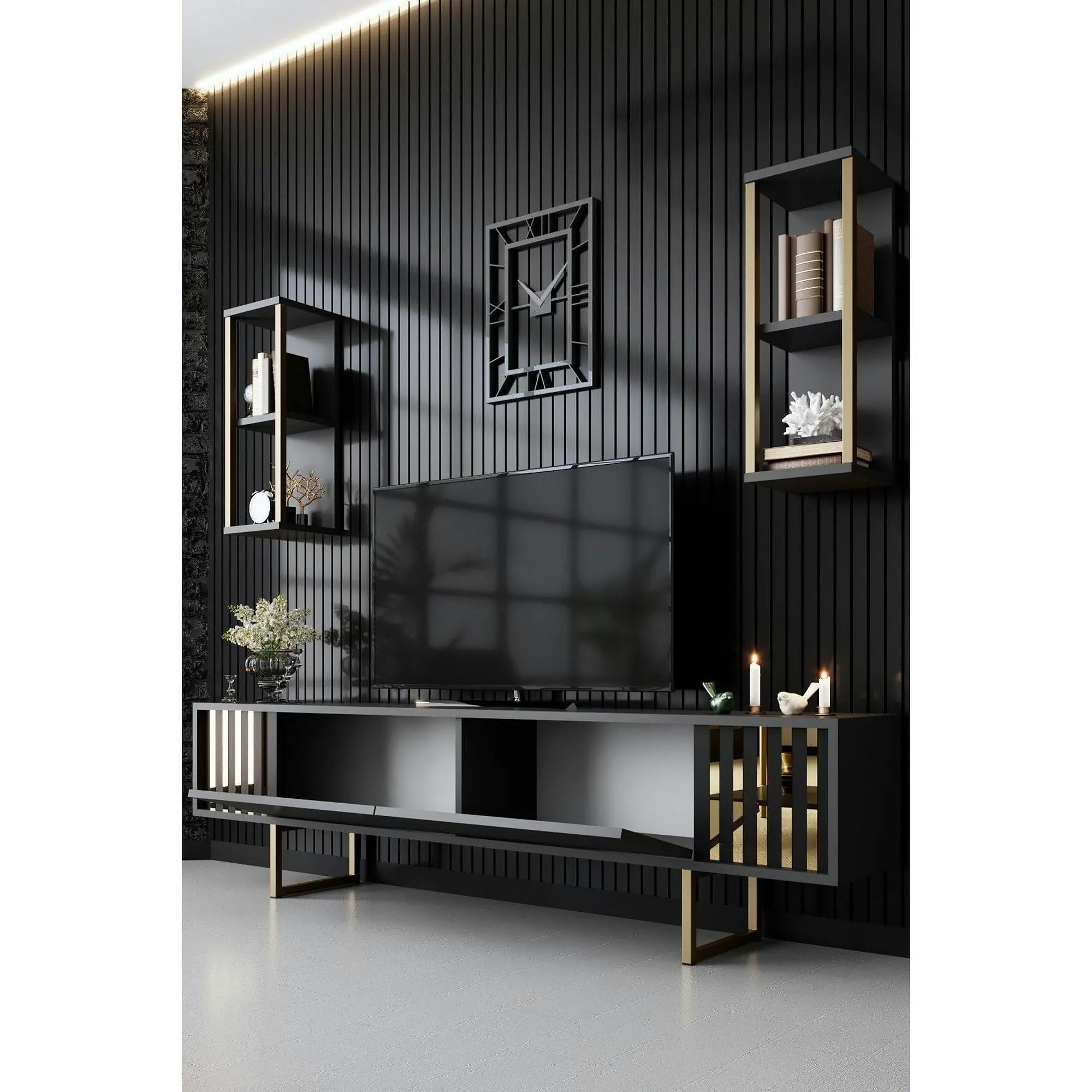 Mobilier living GOLD LINE, gri antracit/auriu, PAL melaminat/metal, 3 piese