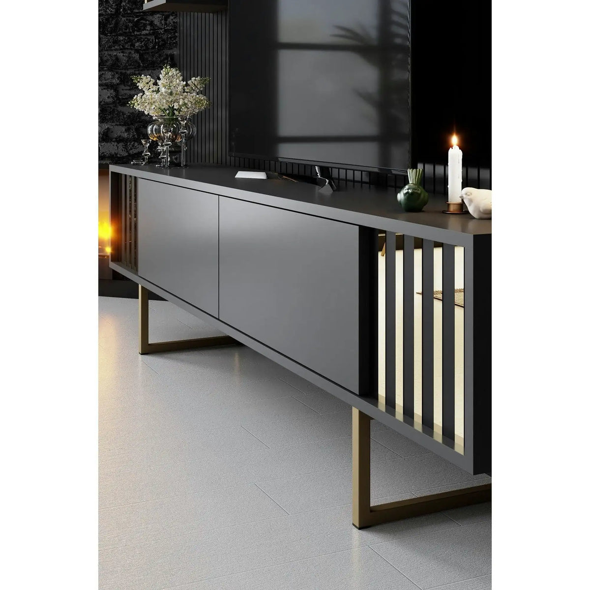Mobilier living GOLD LINE, gri antracit/auriu, PAL melaminat/metal, 4 piese