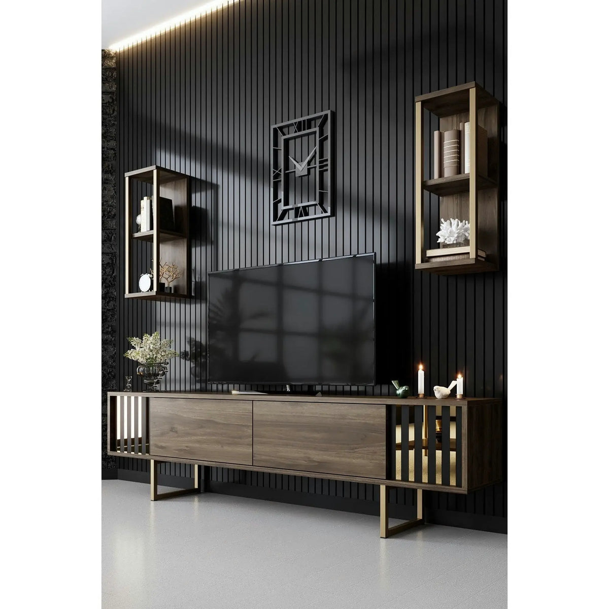 Mobilier living GOLD LINE, nuc/auriu, PAL melaminat/metal, 3 piese