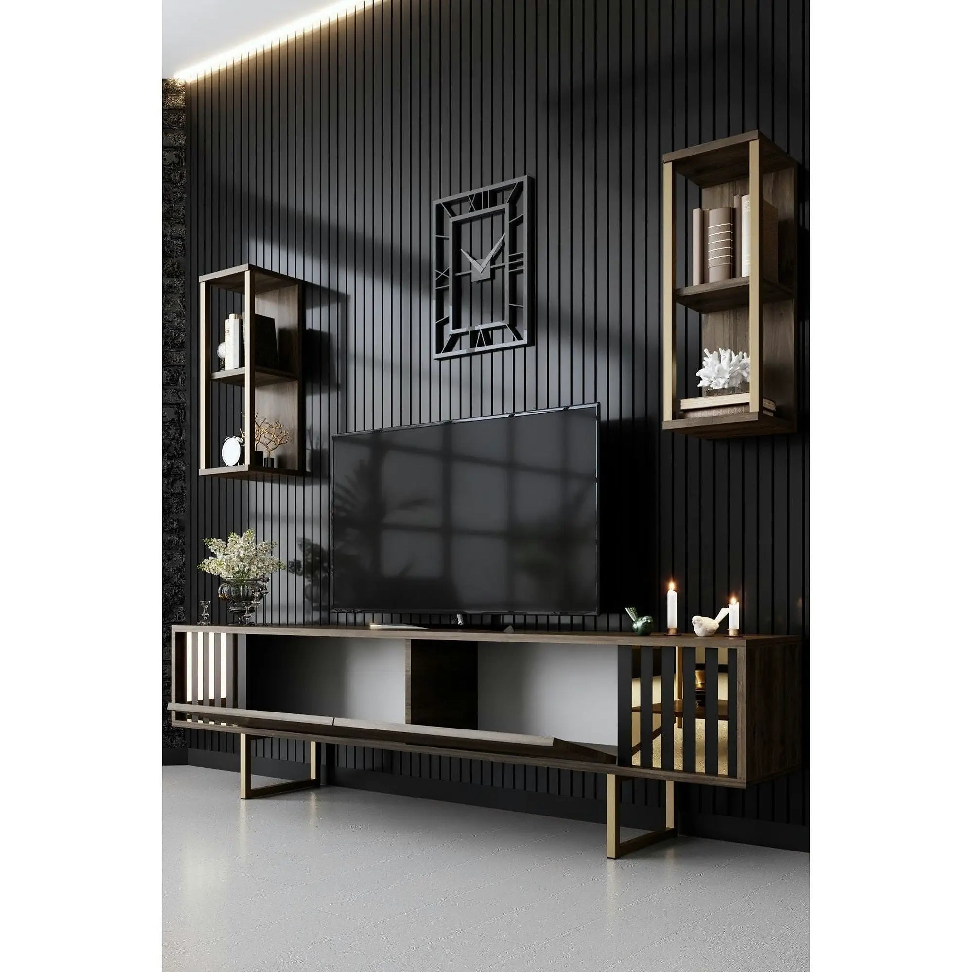 Mobilier living GOLD LINE, nuc/auriu, PAL melaminat/metal, 3 piese
