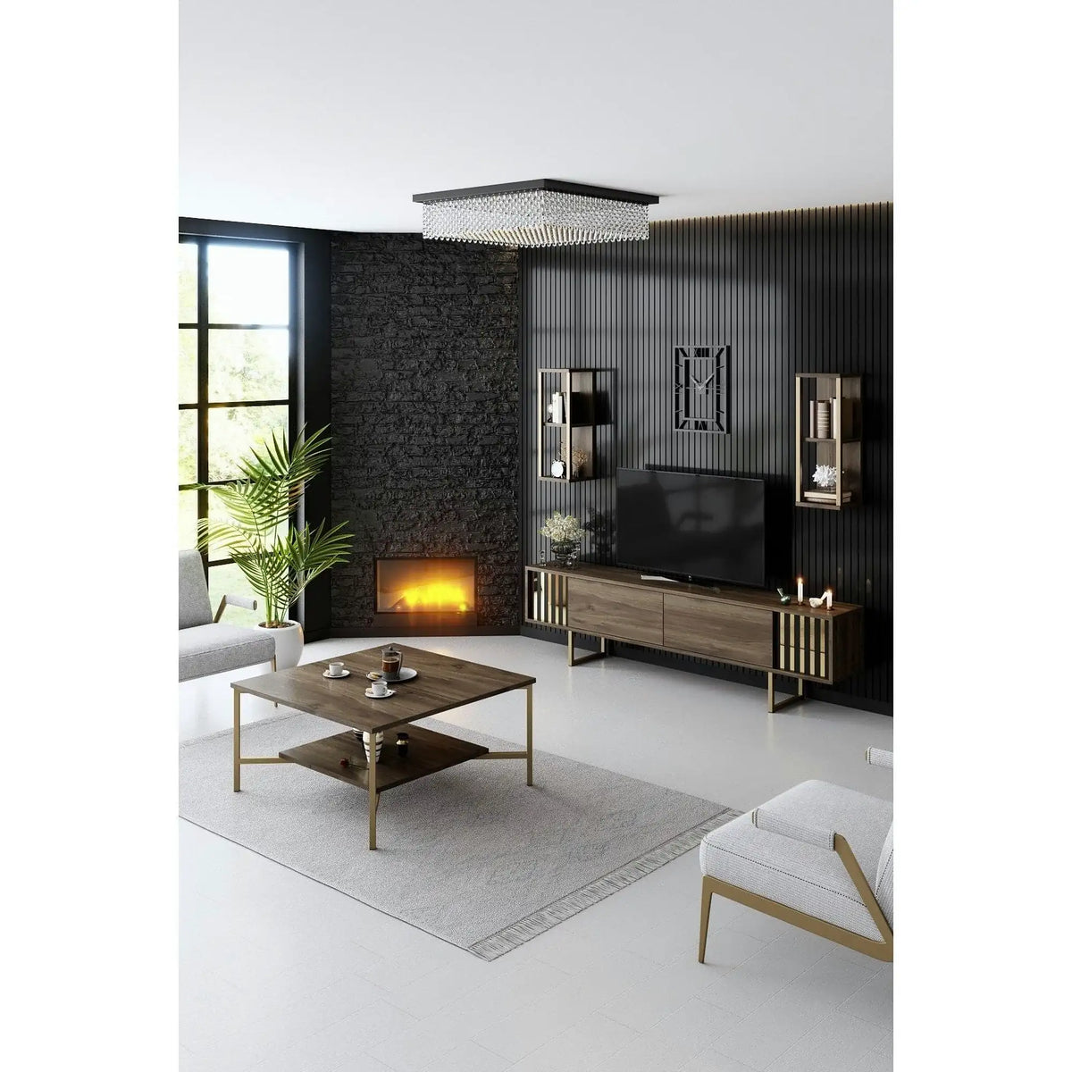 Mobilier living GOLD LINE, nuc/auriu, PAL melaminat/metal, 4 piese