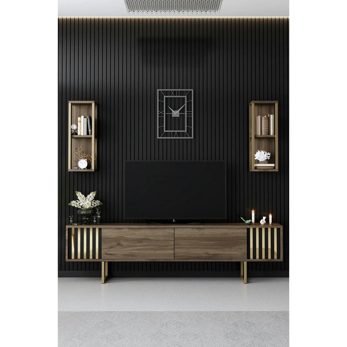 Mobilier living GOLD LINE, nuc/auriu, PAL melaminat/metal, 4 piese