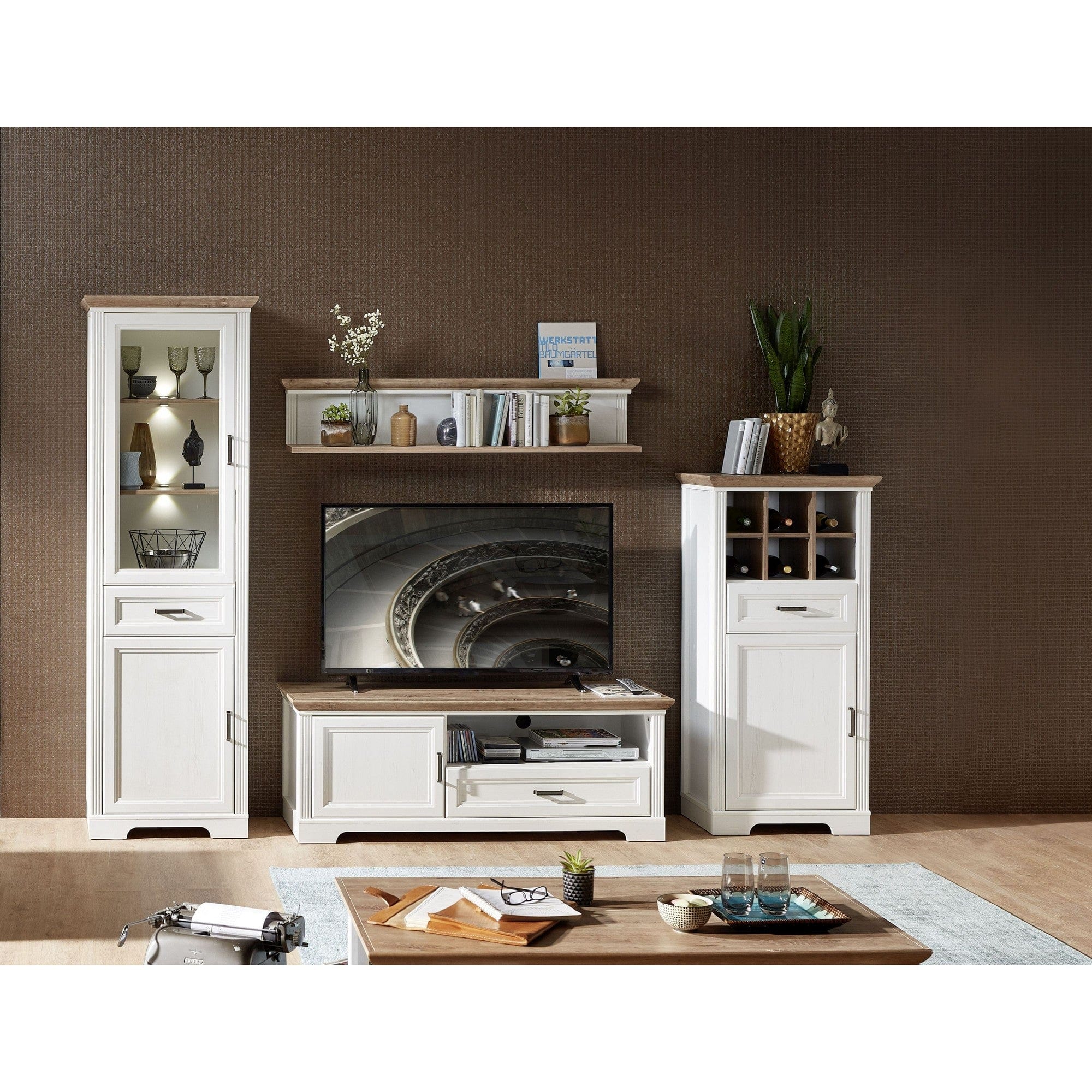 Mobilier living JASMIN 1, alb/stejar artisan, PAL melaminat, cu iluminare LED, 4 piese