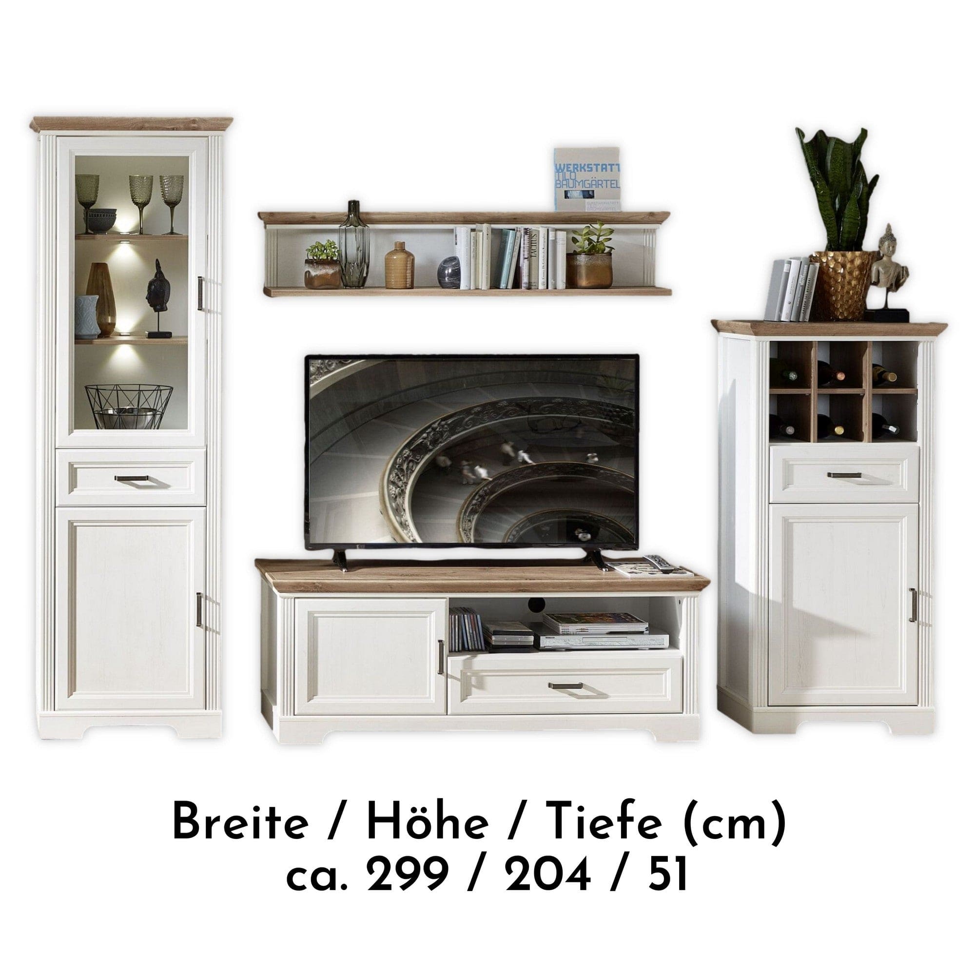 Mobilier living JASMIN 1, alb/stejar artisan, PAL melaminat, cu iluminare LED, 4 piese