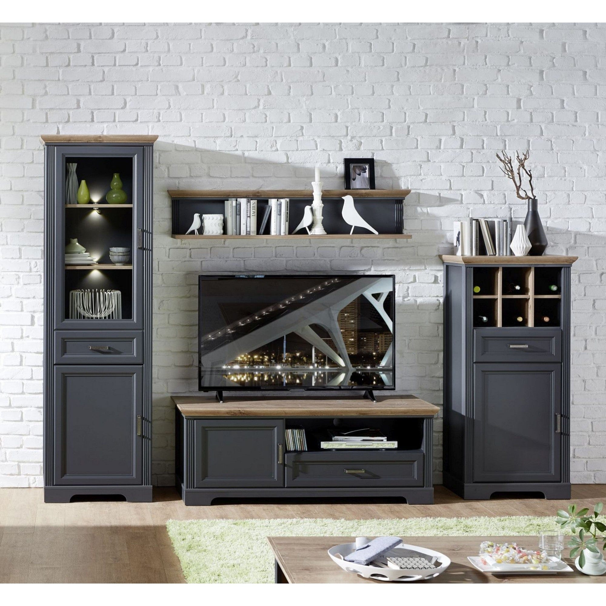 Mobilier living JASMIN 1, gri grafit/stejar artisan, PAL melaminat, cu iluminare LED, 4 piese