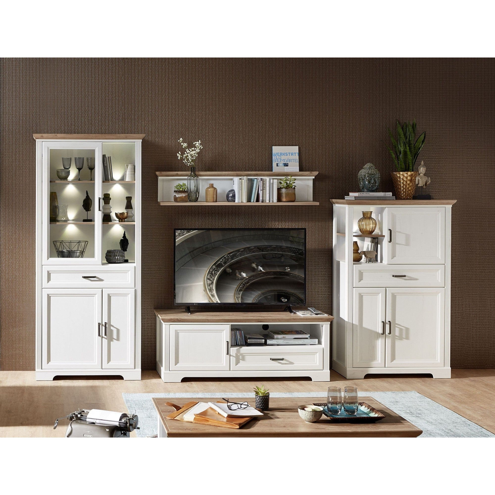 Mobilier living JASMIN 2, alb/stejar artisan, PAL melaminat, cu iluminare LED, 4 piese