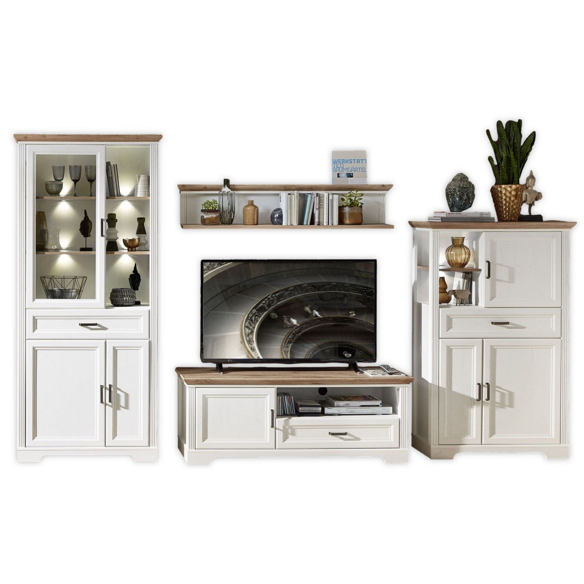 Mobilier living JASMIN 2, alb/stejar artisan, PAL melaminat, cu iluminare LED, 4 piese