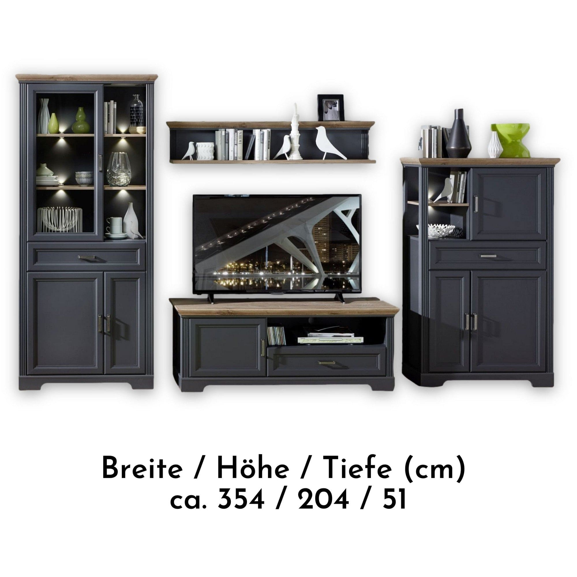 Mobilier living JASMIN 2, gri grafit/stejar artisan, PAL melaminat, cu iluminare LED, 4 piese