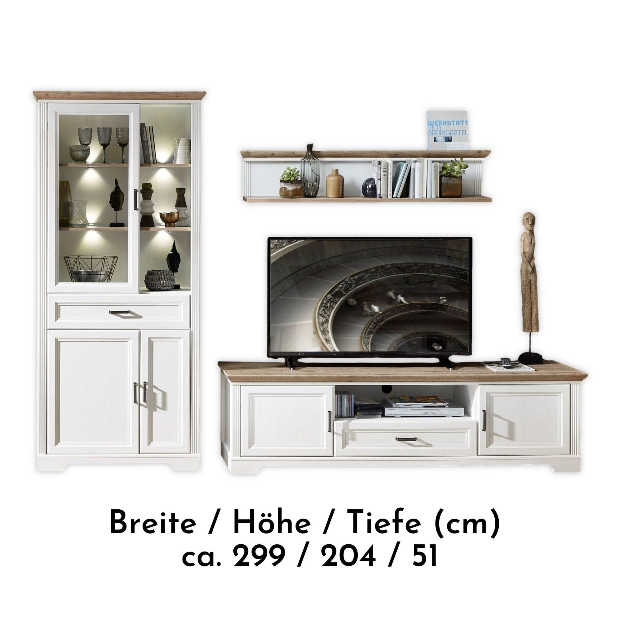 Mobilier living JASMIN 3, alb/stejar artisan, PAL melaminat, cu iluminare LED, 3 piese