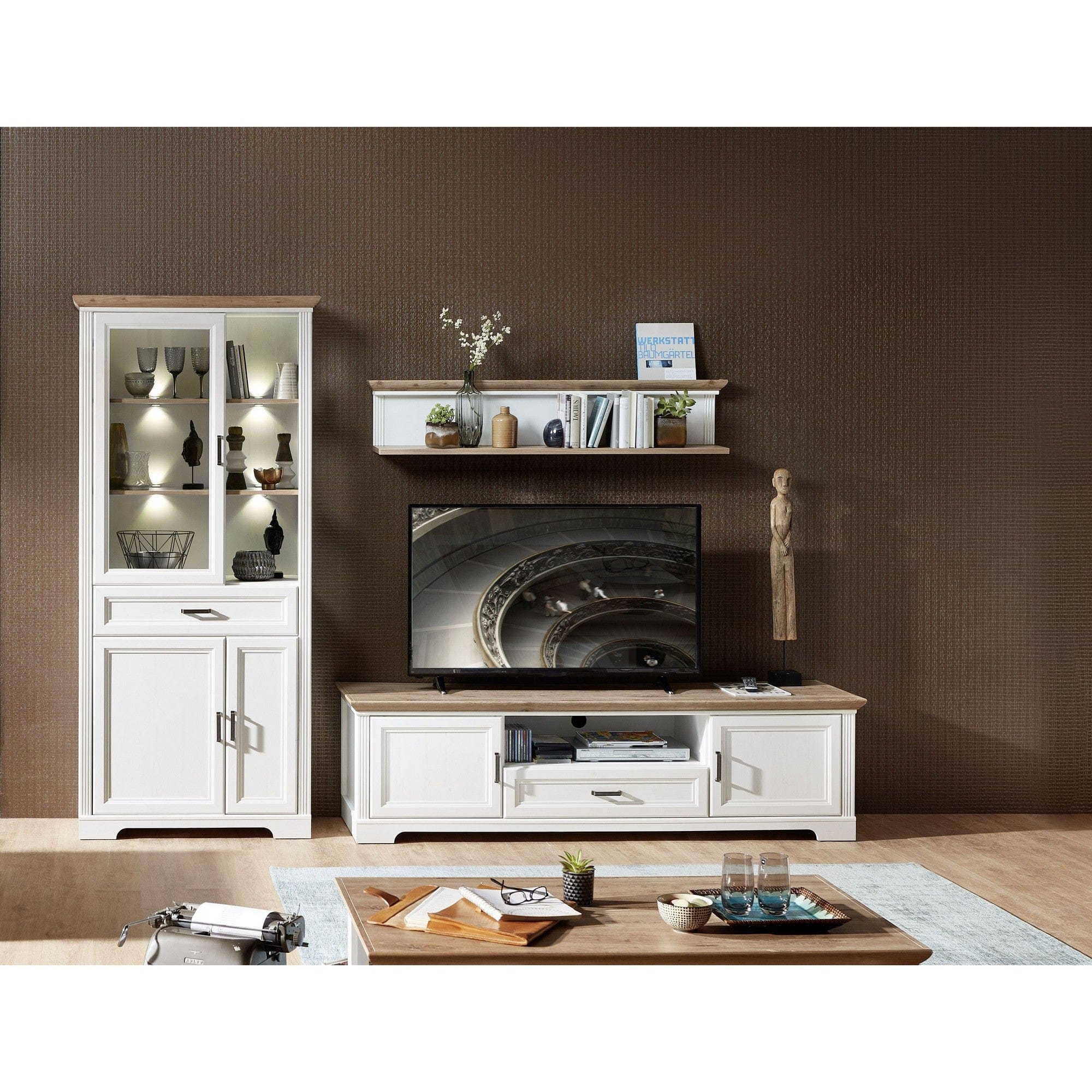 Mobilier living JASMIN 3, alb/stejar artisan, PAL melaminat, cu iluminare LED, 3 piese