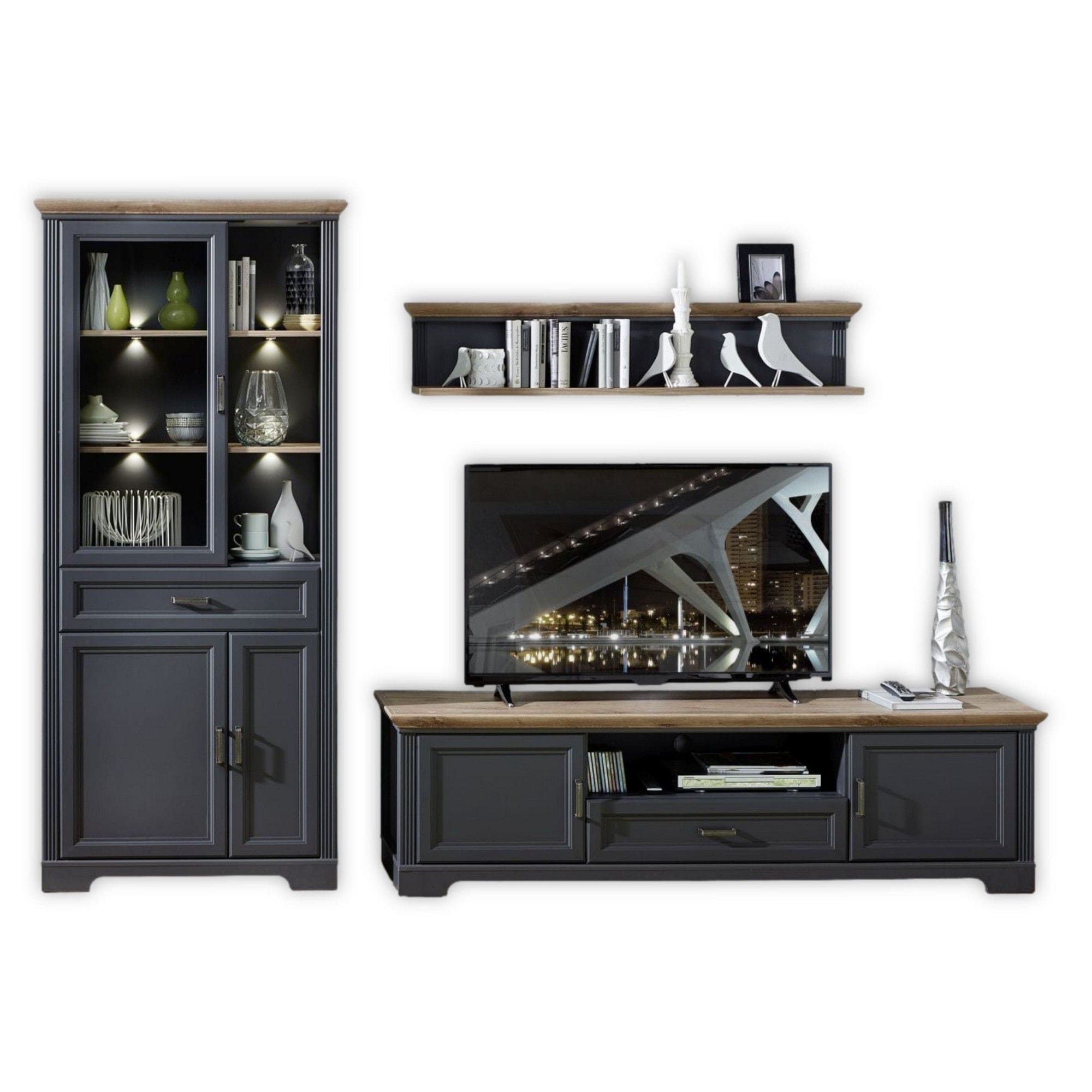 Mobilier living JASMIN 3, gri grafit/stejar artisan, PAL melaminat, cu iluminare LED, 3 piese