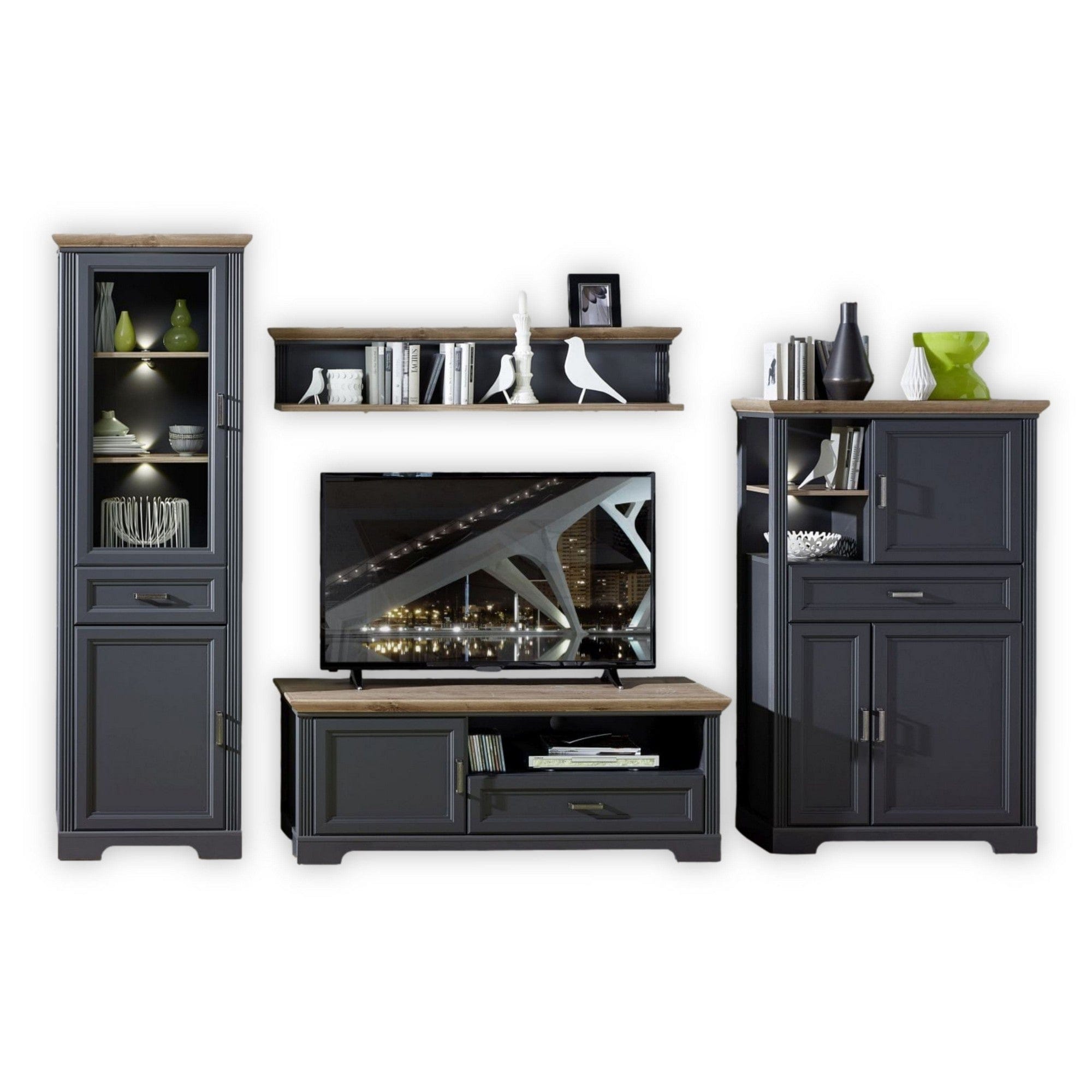 Mobilier living JASMIN, gri grafit/stejar artisan, PAL melaminat, cu iluminare LED, 4 piese