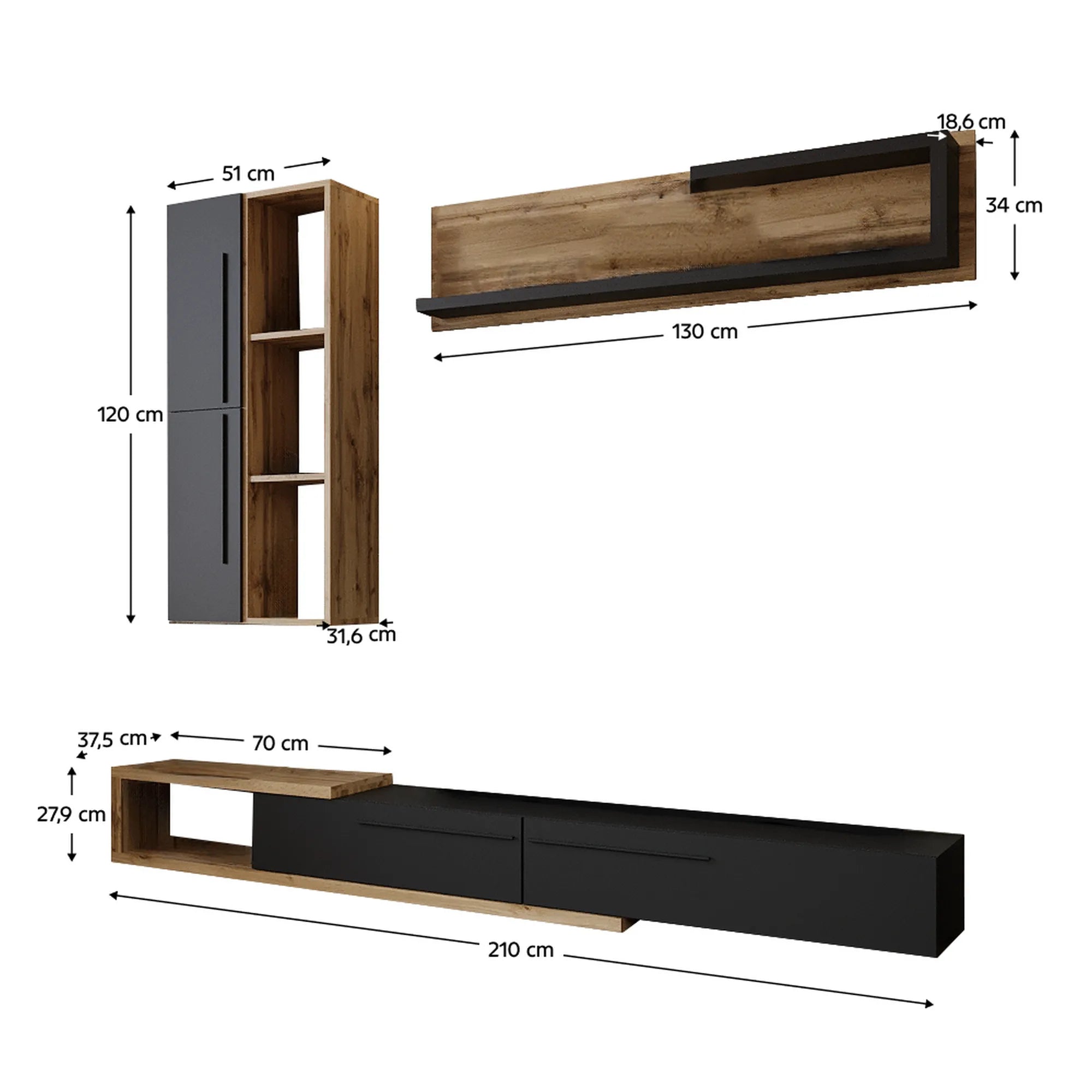 Mobilier living KALVADOS, stejar tacho/gri antracit, PAL melaminat, 3 piese, 210x38x200 cm