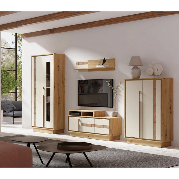 Mobilier living KEKS A, stejar/casmir, PAL/sticla, cu iluminare LED, 4 piese, 308x37x194 cm